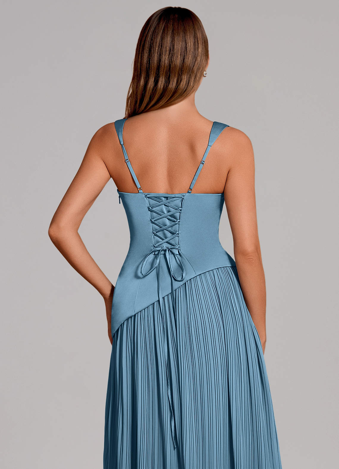 Stephanie A-Line Square-Neck Stretch Satin and Chiffon Bridesmaid Dress in Steel Blue