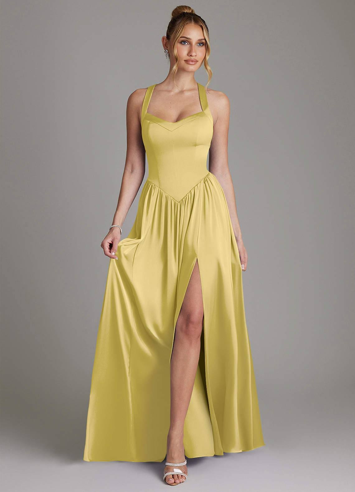 Francis A-Line V-Neck Stretch Satin Bridesmaid Dress in Canary
