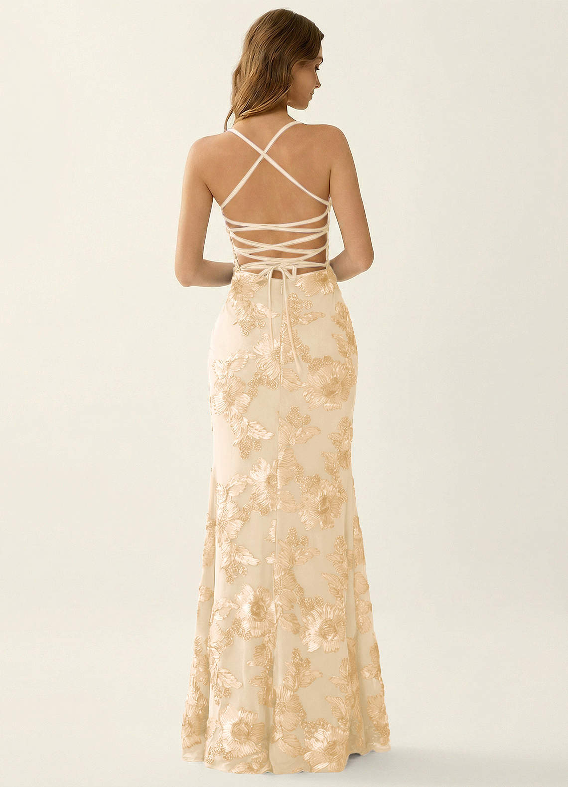 Kailani Mermaid Spaghetti-Strap Lace Evening Dress in Yellow