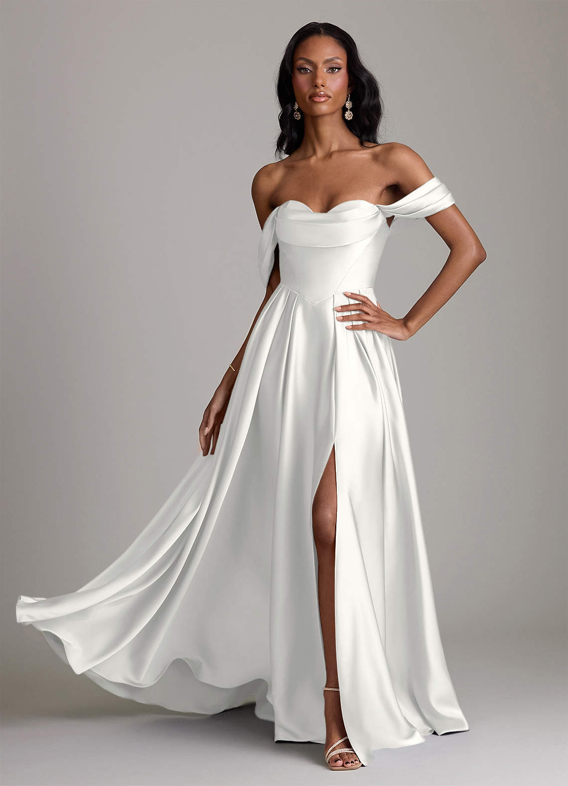 Loisa A-Line Off-the-Shoulder Stretch Satin Bridesmaid Dress in white