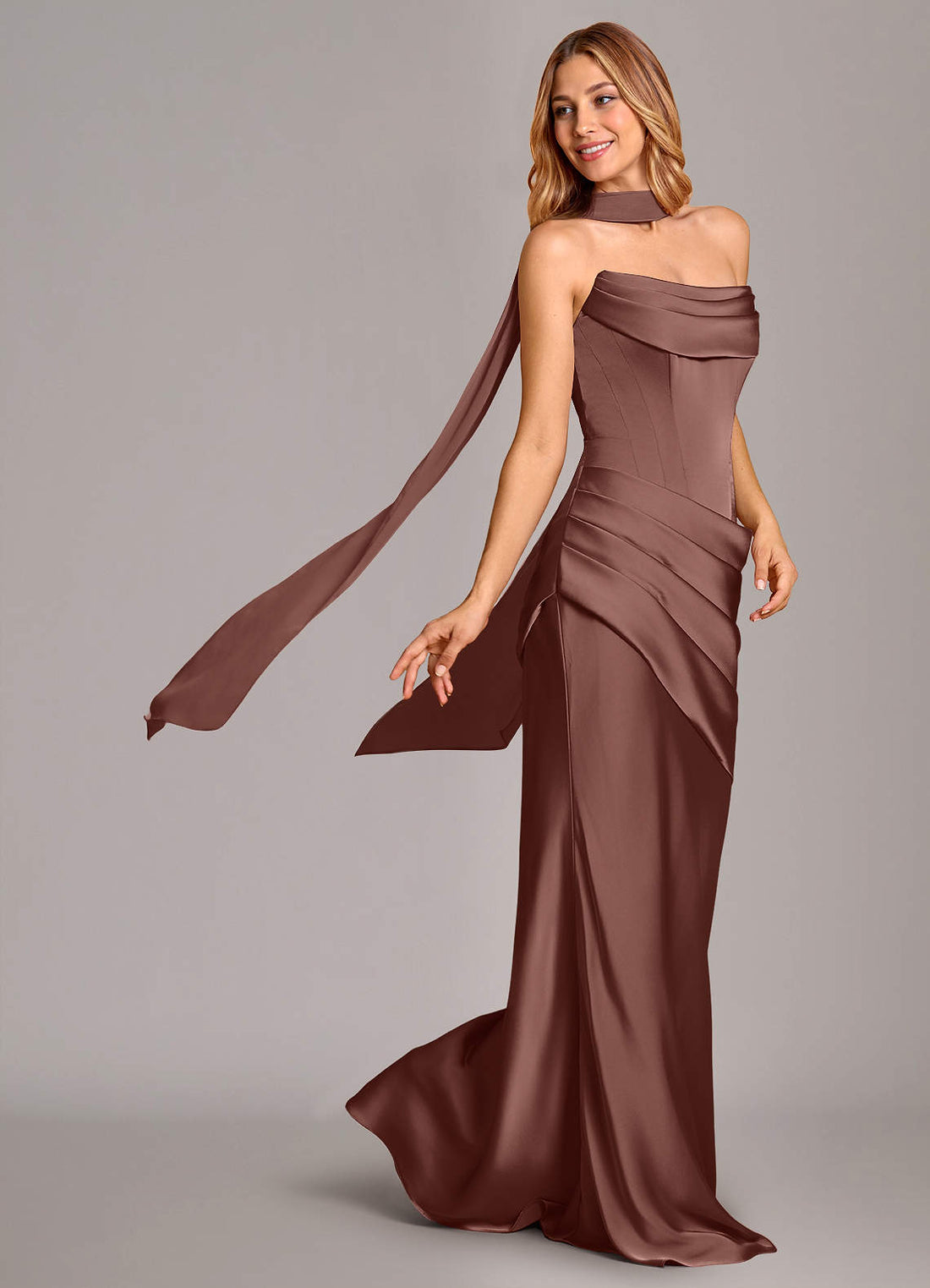 Pelagia Mermaid Cowl-Neck Stretch Satin Bridesmaid Dress in Espresso