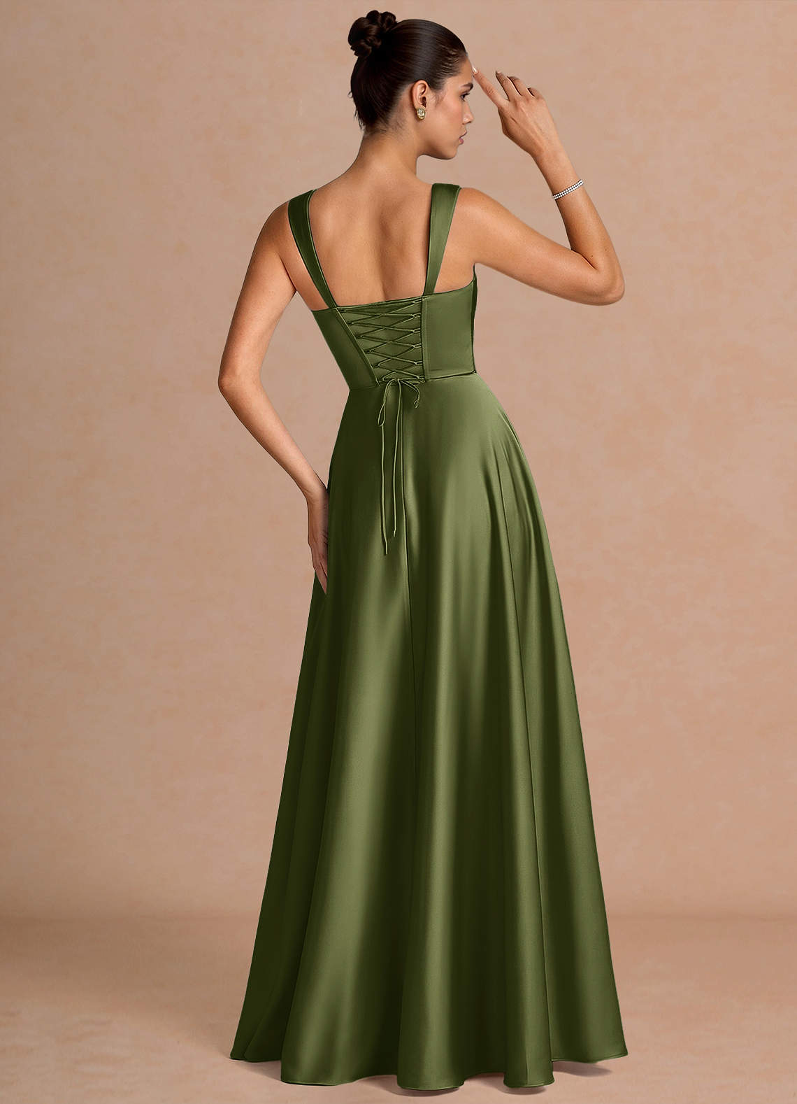 Azaria A-Line Square-Neck Stretch Satin Wedding Guest Dress in Olive