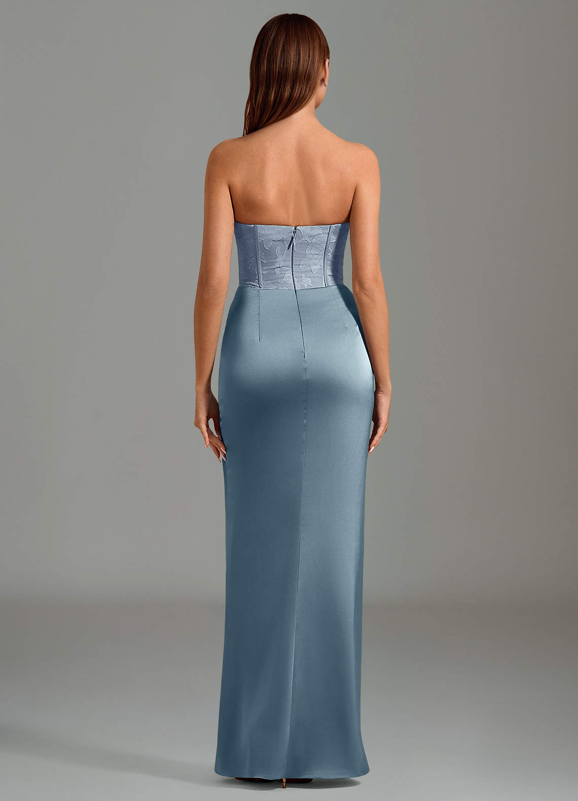 Emilia Mermaid Strapless Stretch Satin and Floral Burnout Bridesmaid Dress in dusty blue