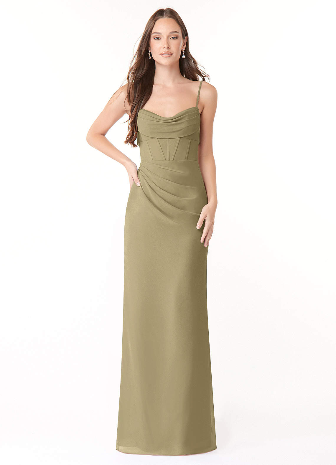Mai Sheath Cowl-Neck Chiffon Bridesmaid Dress in Moss Green