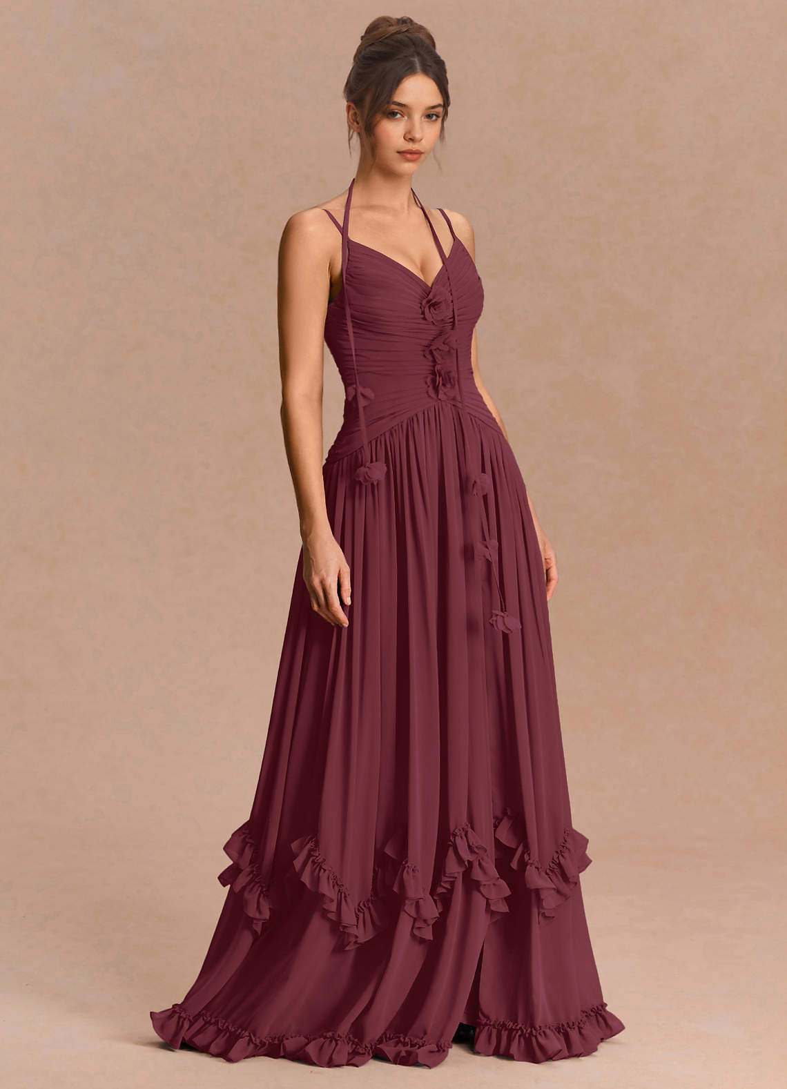 Eulalie A-Line Floral-Appliqué Chiffon Evening Dress in Haze blue
