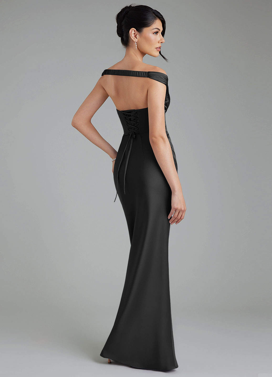 Stella Sheath V-Neck Stretch Satin Bridesmaid Dress in black