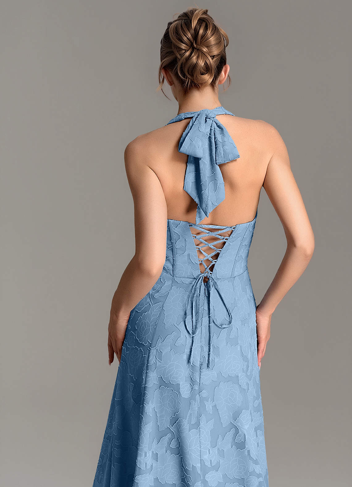 Nia A-Line V-Neck Floral Burnout Bridesmaid Dress in Steel Blue