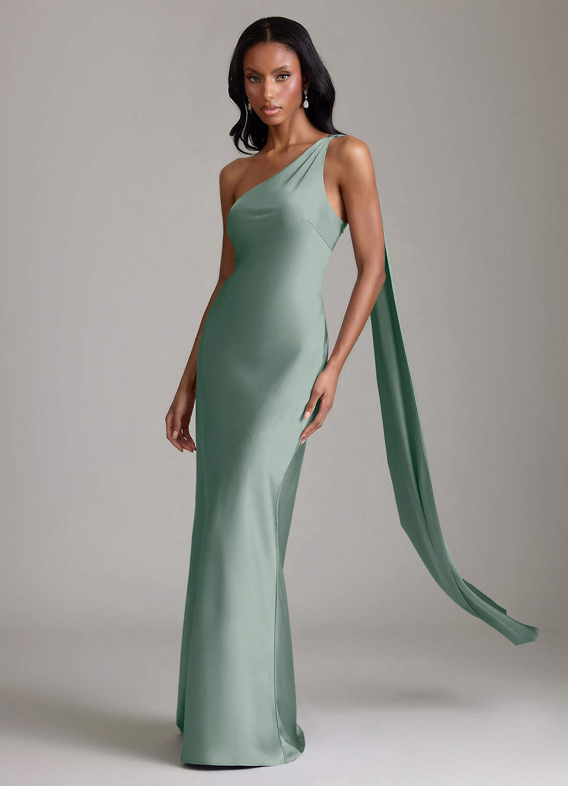 Juniper Mermaid One-Shoulder Stretch Satin Bridesmaid Dress in Silver Sage