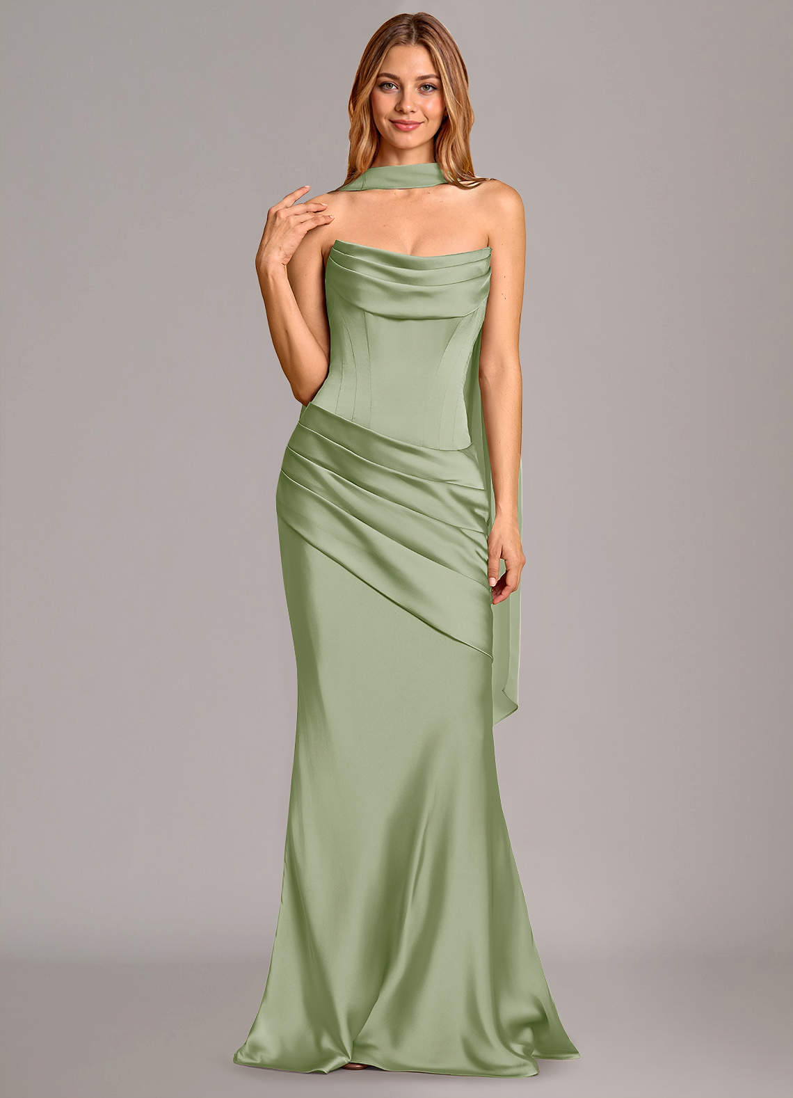 Pelagia Mermaid Cowl-Neck Stretch Satin Bridesmaid Dress in Dusty Sage