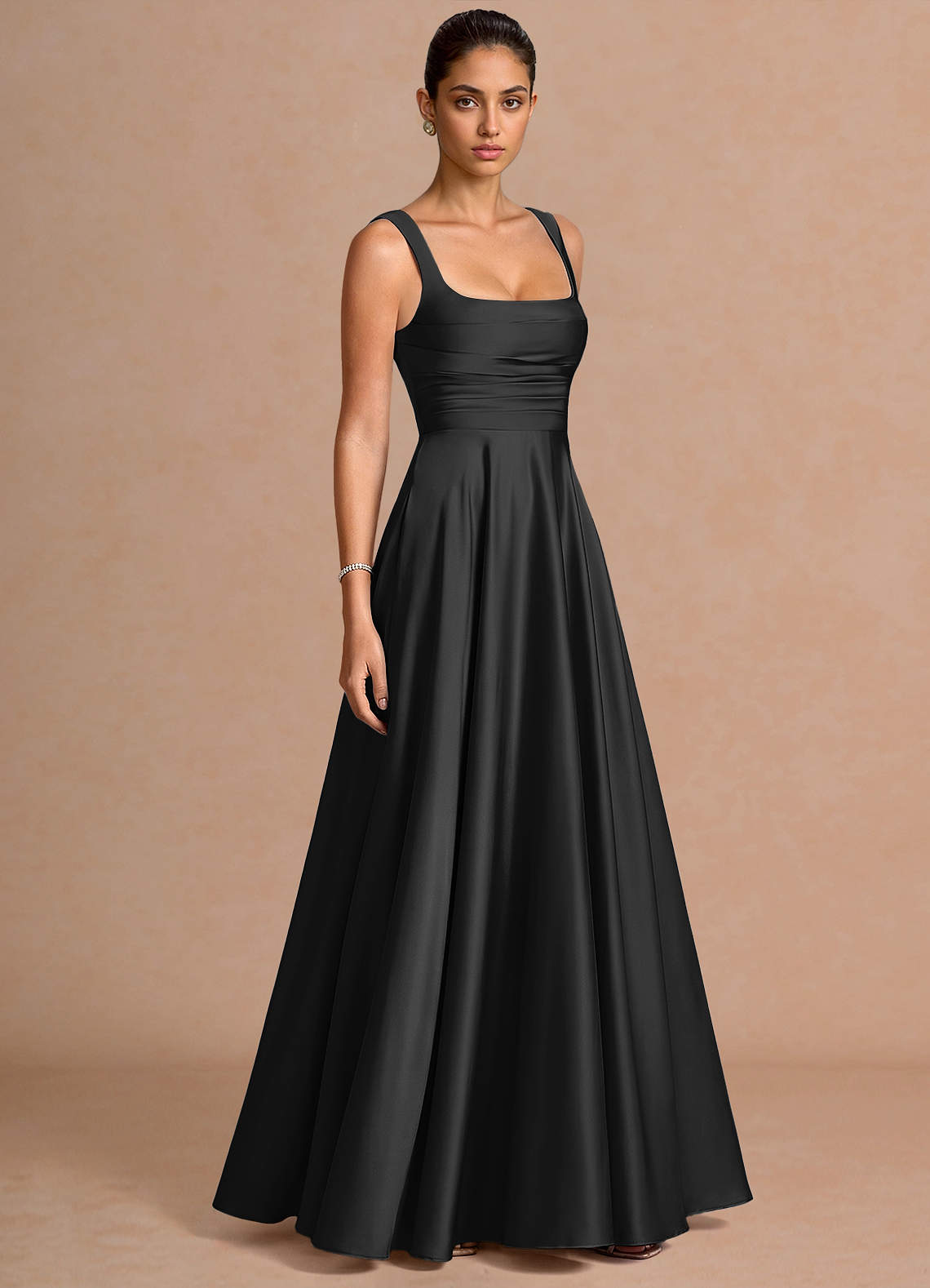 Azaria A-Line Square-Neck Stretch Satin Wedding Guest Dress in black