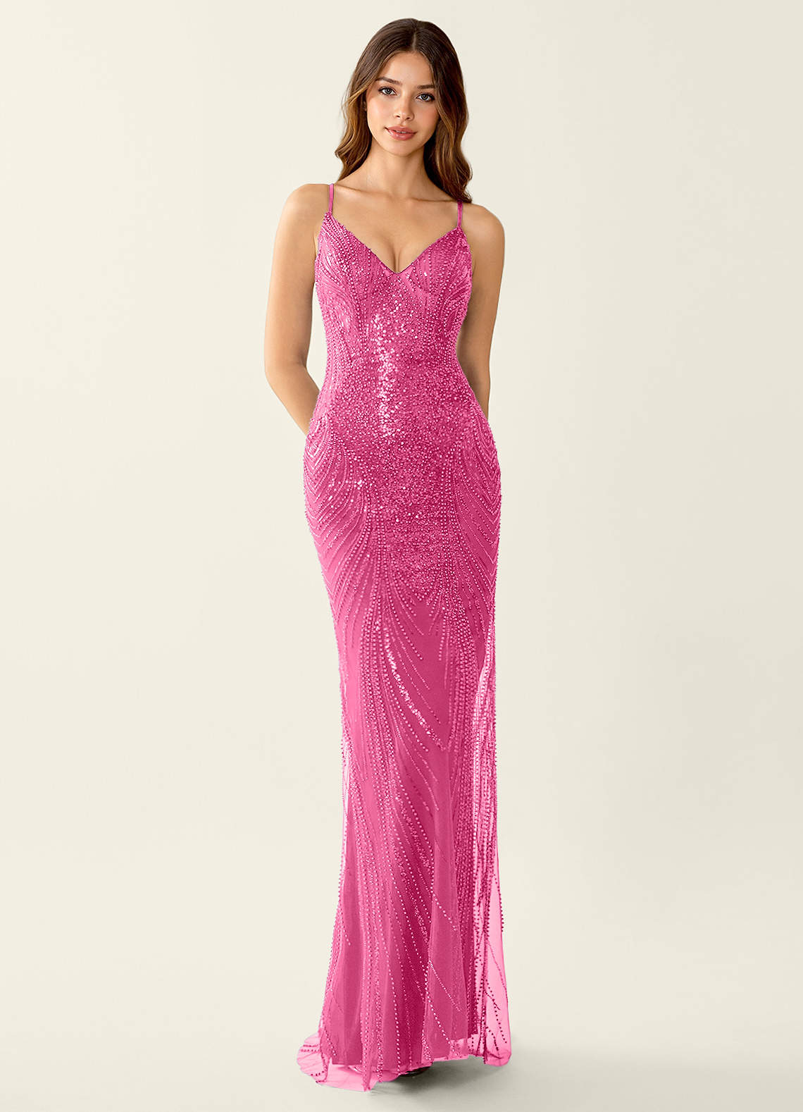 Magnolia Mermaid Beaded Sequined Stretch Mesh Evening Dress in Fuchsia