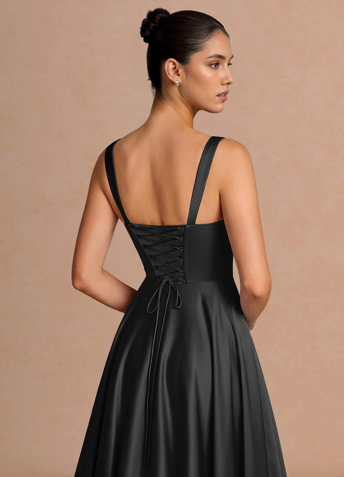 Azaria A-Line Square-Neck Stretch Satin Wedding Guest Dress in black