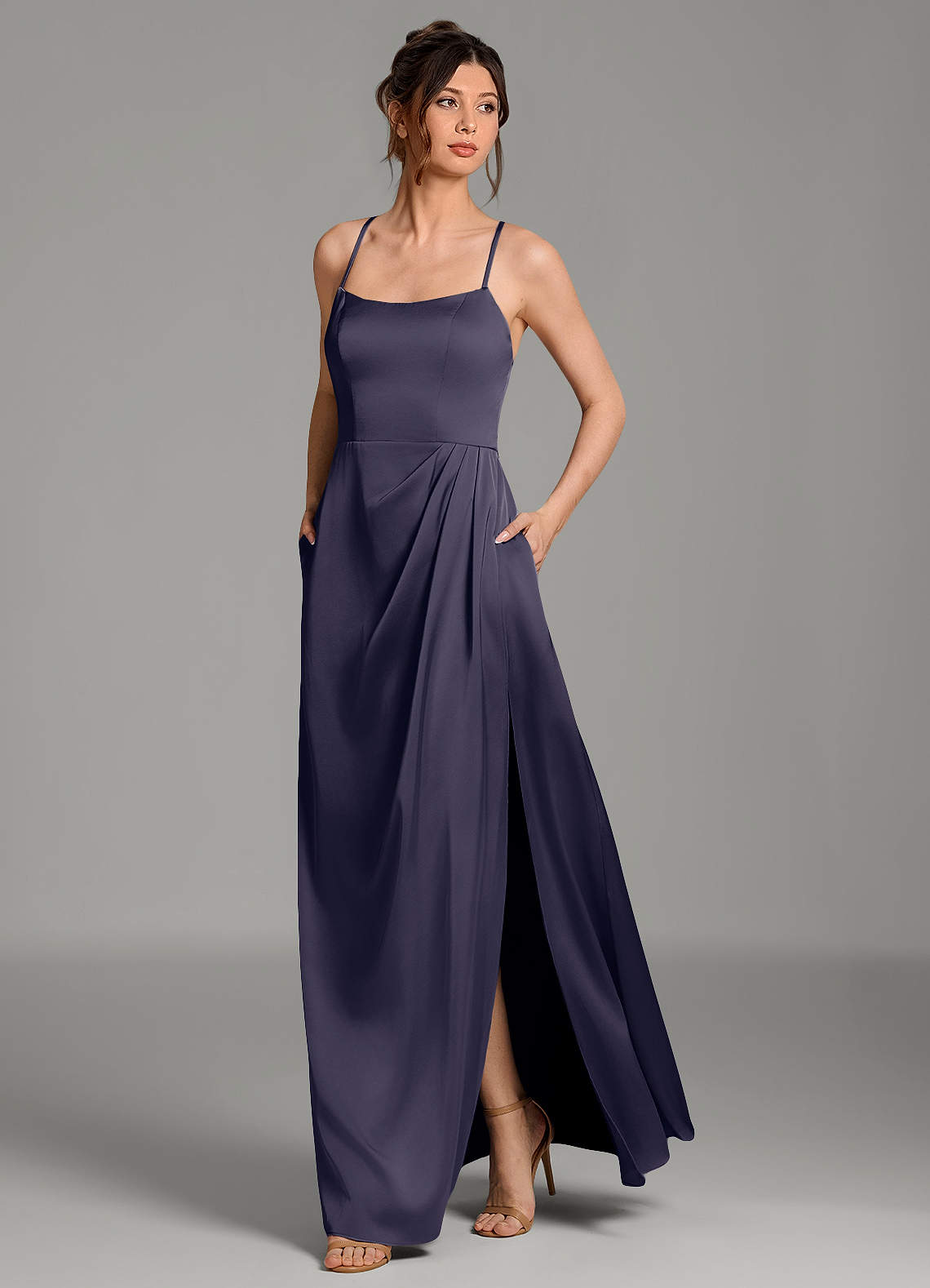 Frankie A-Line Scoop-Neck Stretch Satin Bridesmaid Dress in Stormy