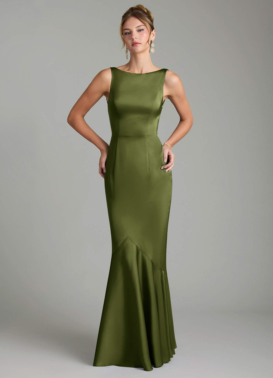 Tamera Mermaid Boat-Neck Stretch Satin and Chiffon Bridesmaid Dress in Olive