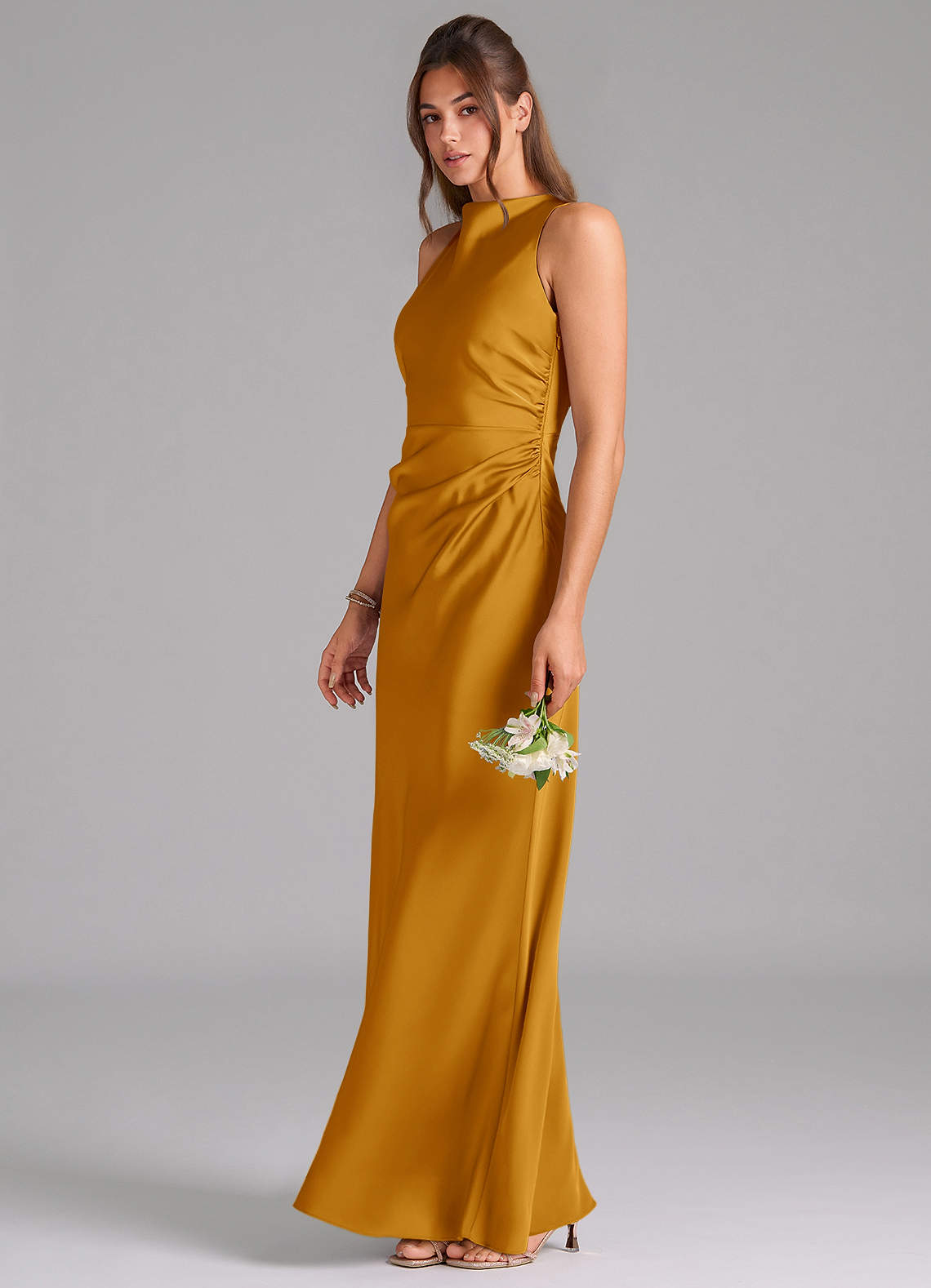 Evadne Sheath Scoop-Neck Stretch Satin Bridesmaid Dress in butterscotch