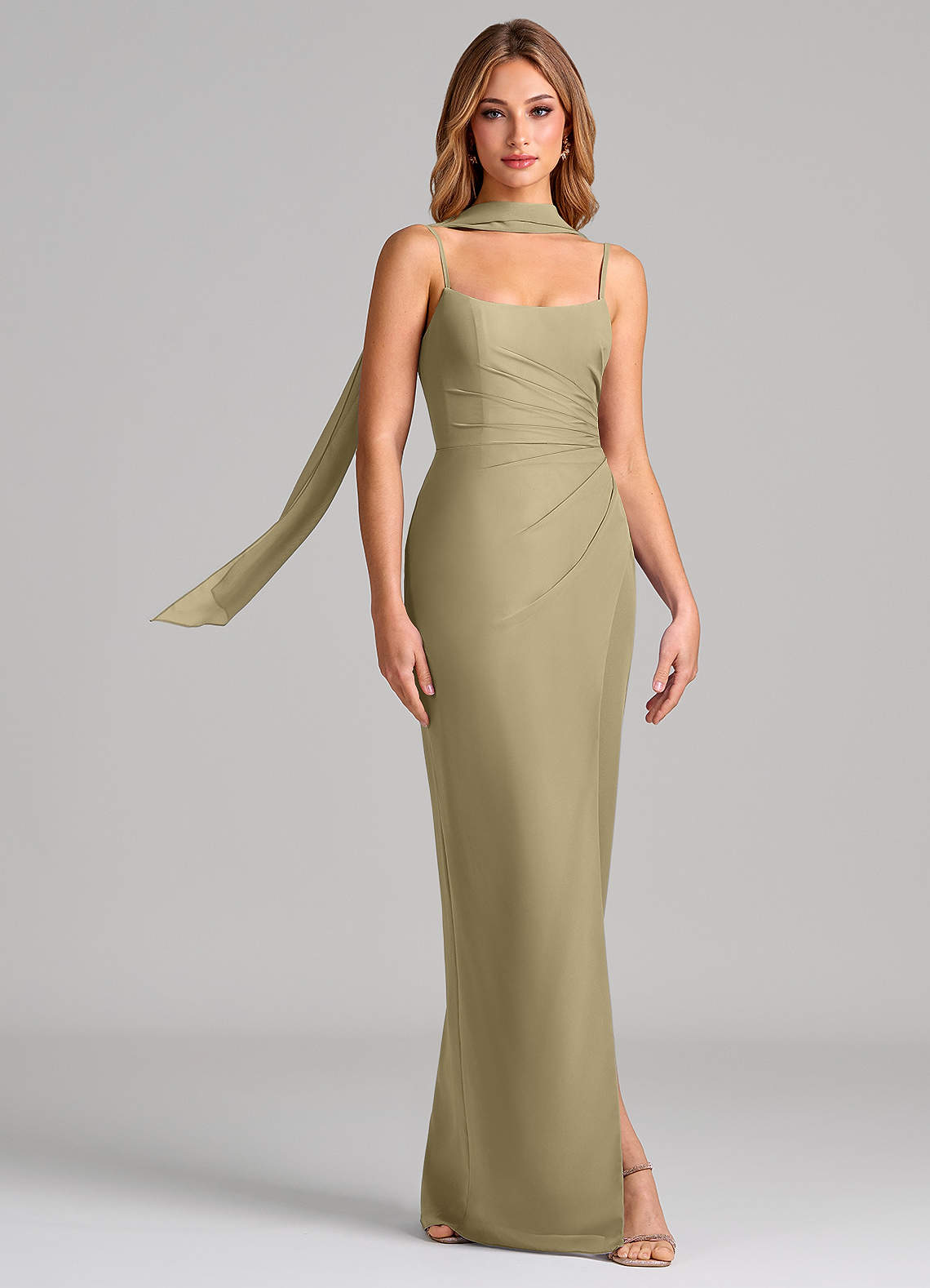 Calandra Sheath Scoop-Neck Chiffon Bridesmaid Dress in Moss Green