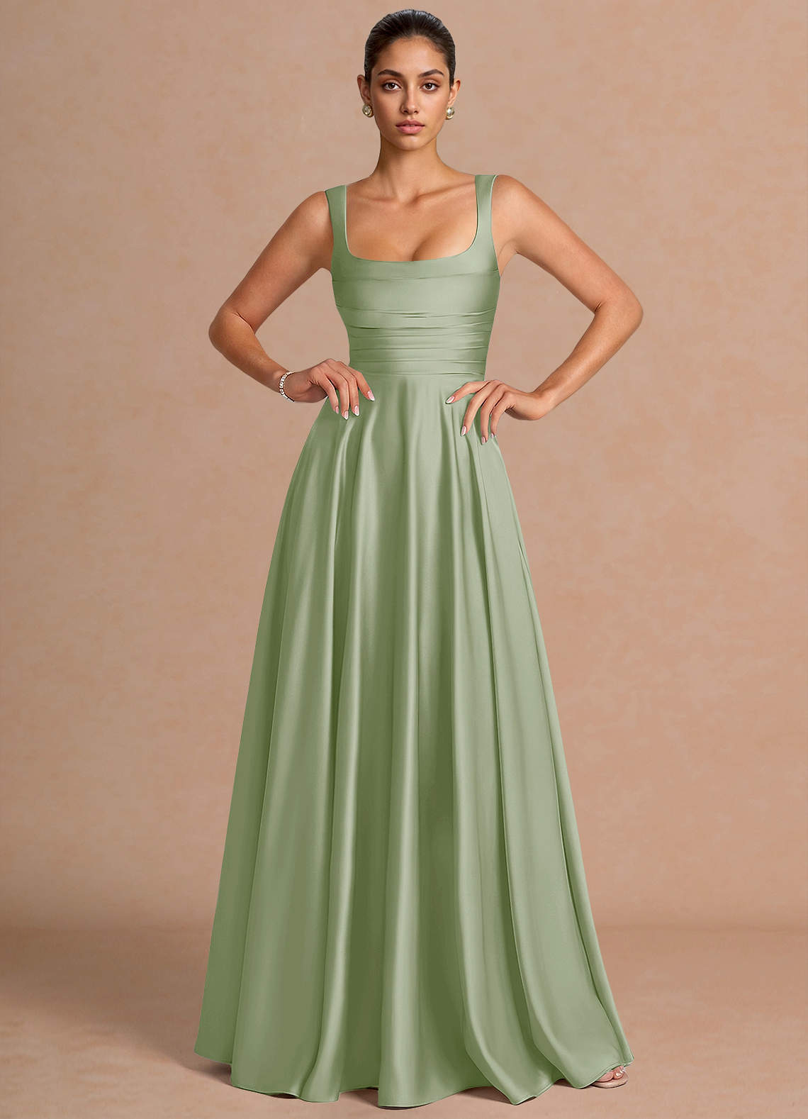Azaria A-Line Square-Neck Stretch Satin Wedding Guest Dress in Haze blue