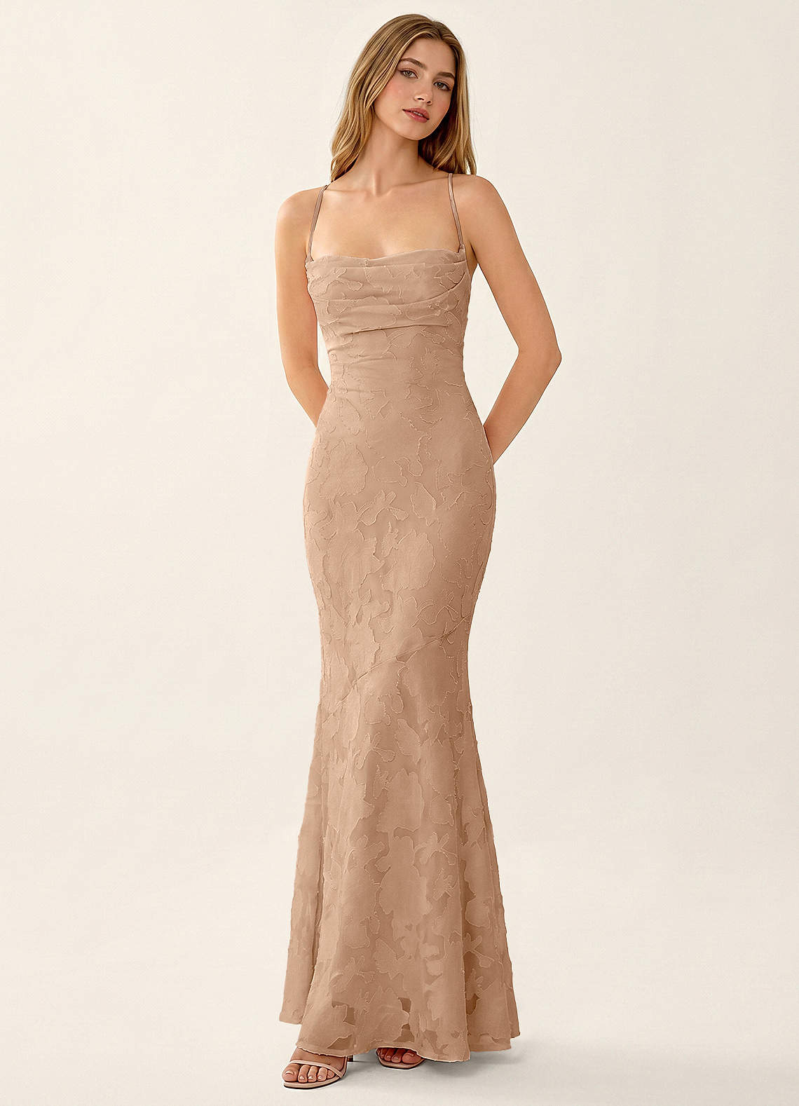 Natasha Mermaid Spaghetti-Strap Floral Burnout Evening Dress in Champagne