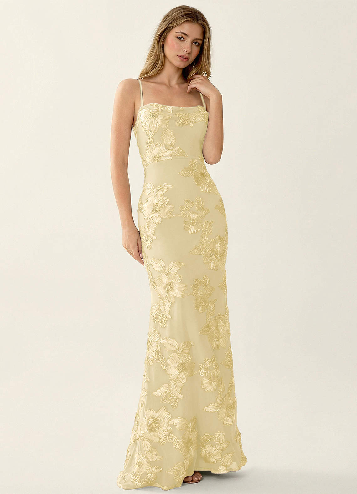 Kailani Mermaid Spaghetti-Strap Lace Evening Dress in Lemon Sorbet