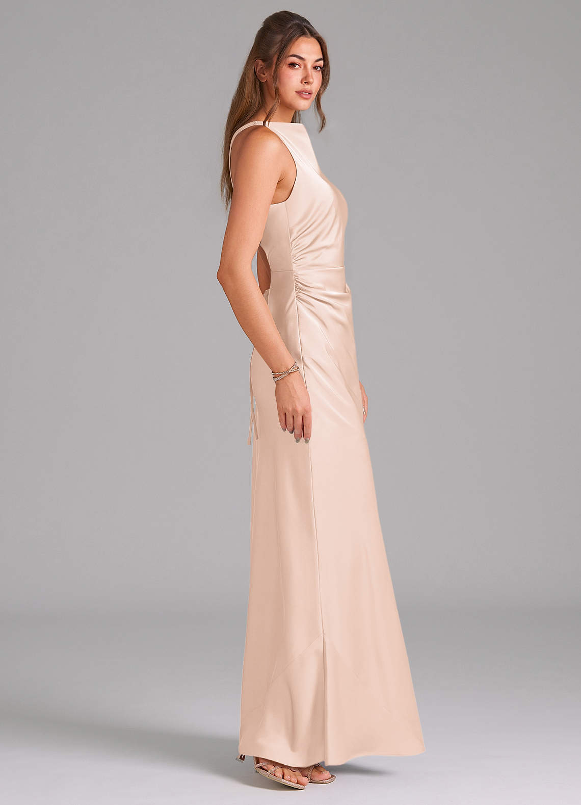 Evadne Sheath Scoop-Neck Stretch Satin Bridesmaid Dress in Blushing Pink