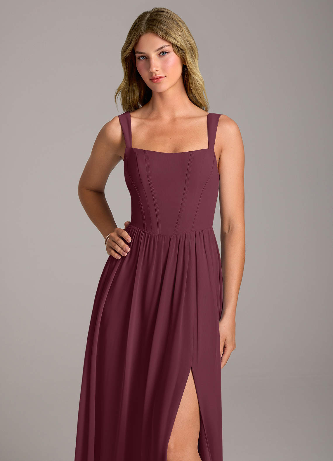 Rosaline A-Line Square-Neck Chiffon Bridesmaid Dress in Cabernet