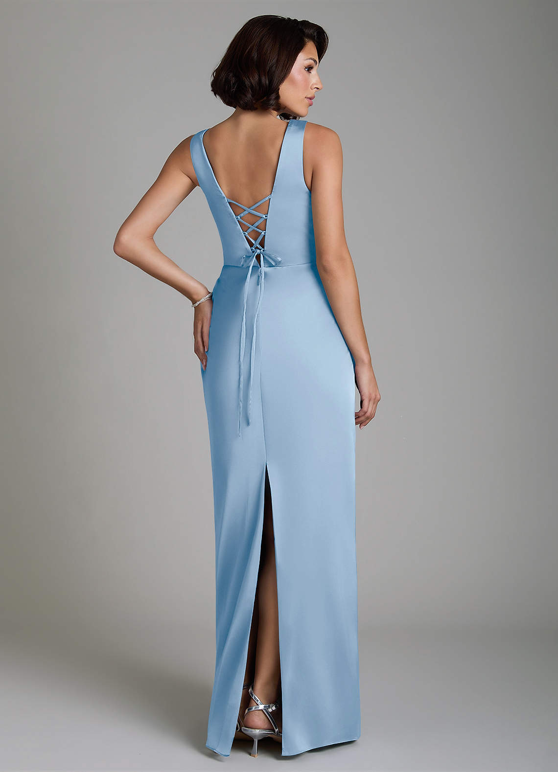 Vanya Sheath V-Neck Stretch Satin Bridesmaid Dress in Powder Blue