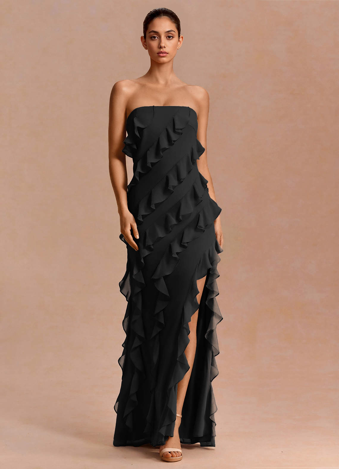 Eira A-Line Ruffle Chiffon Evening Dress in black