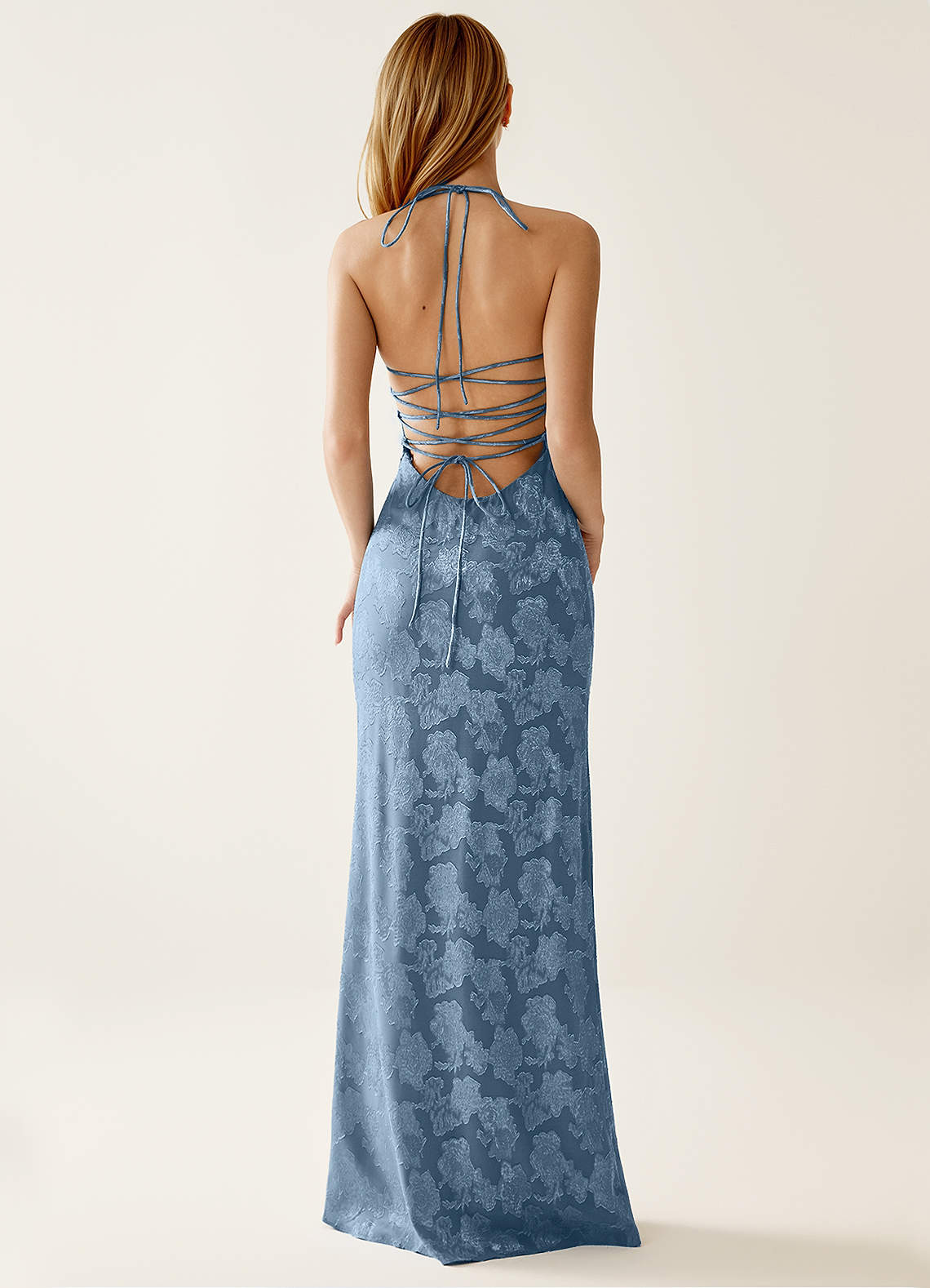 Angena Sheath Halter Floral Burnout Evening Dress in Dusty Blue