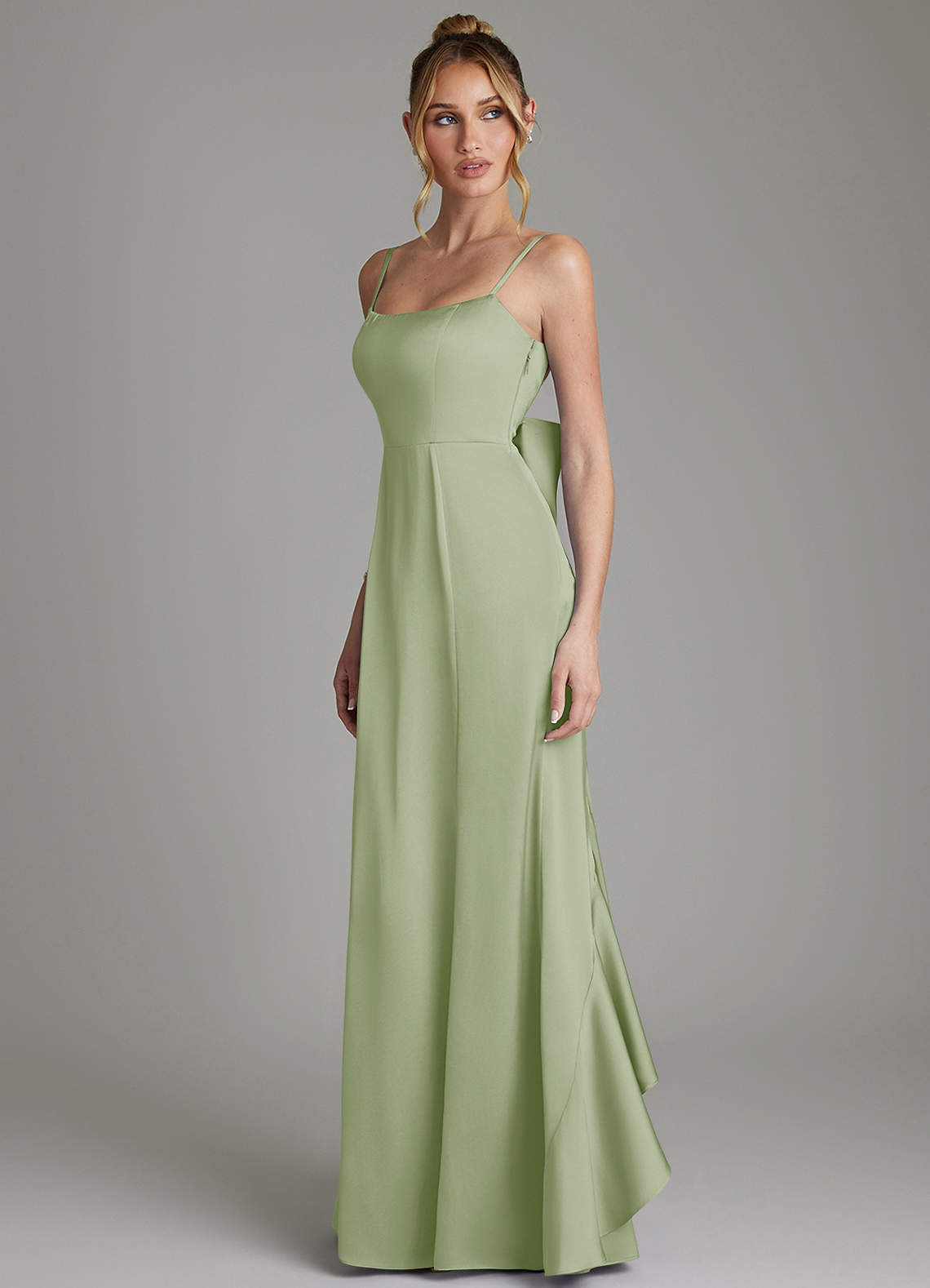 Zherra Mermaid Scoop-Neck Stretch Satin Bridesmaid Dress in Dusty Sage