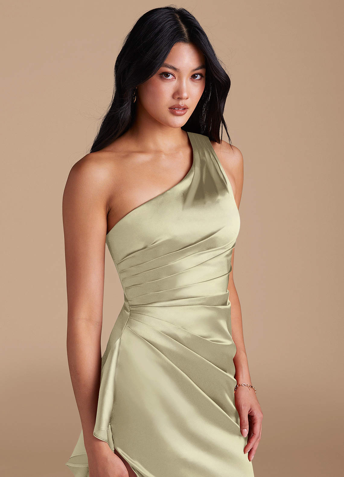 Latrice Sheath One-Shoulder Metallic Satin Bridesmaid Dress in Moss Green