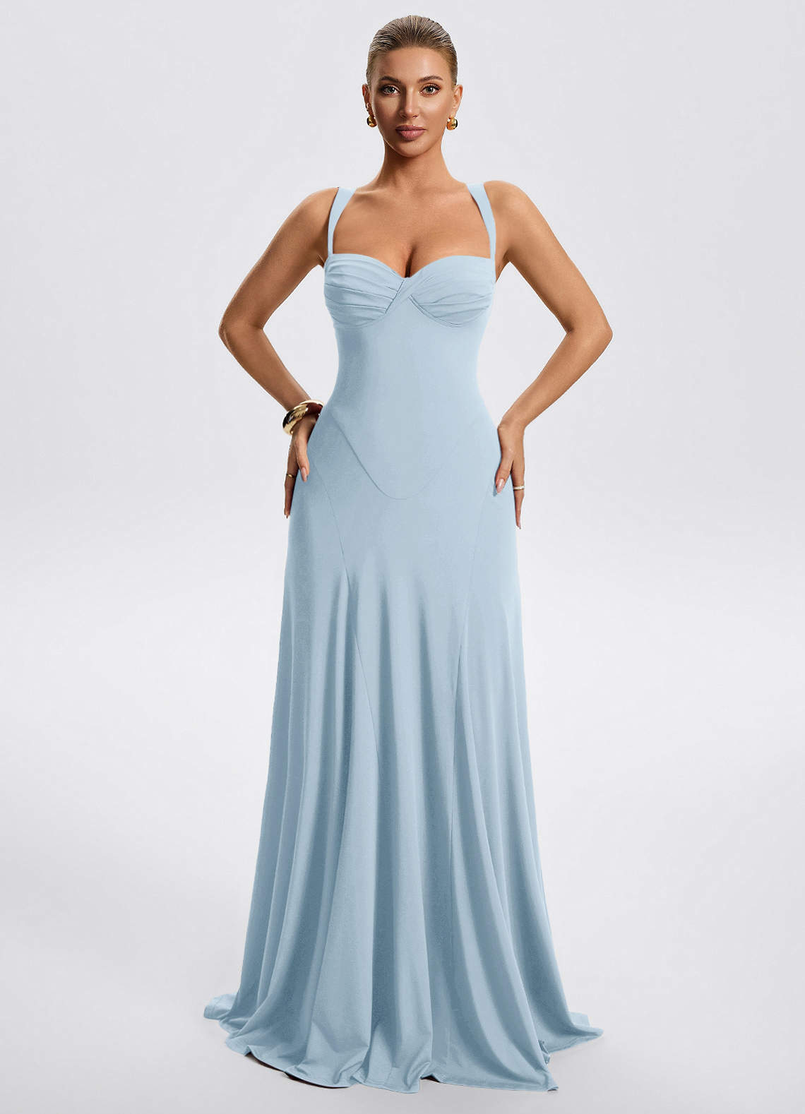 Zephira Fitted Sweetheart Godet Stretch Jersey Wedding Guest Dress in Sky Blue