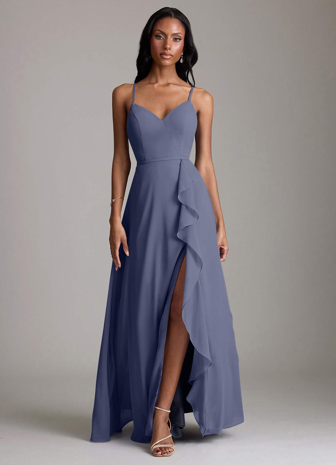 Naeem A-Line V-Neck Chiffon Bridesmaid Dress in Stormy
