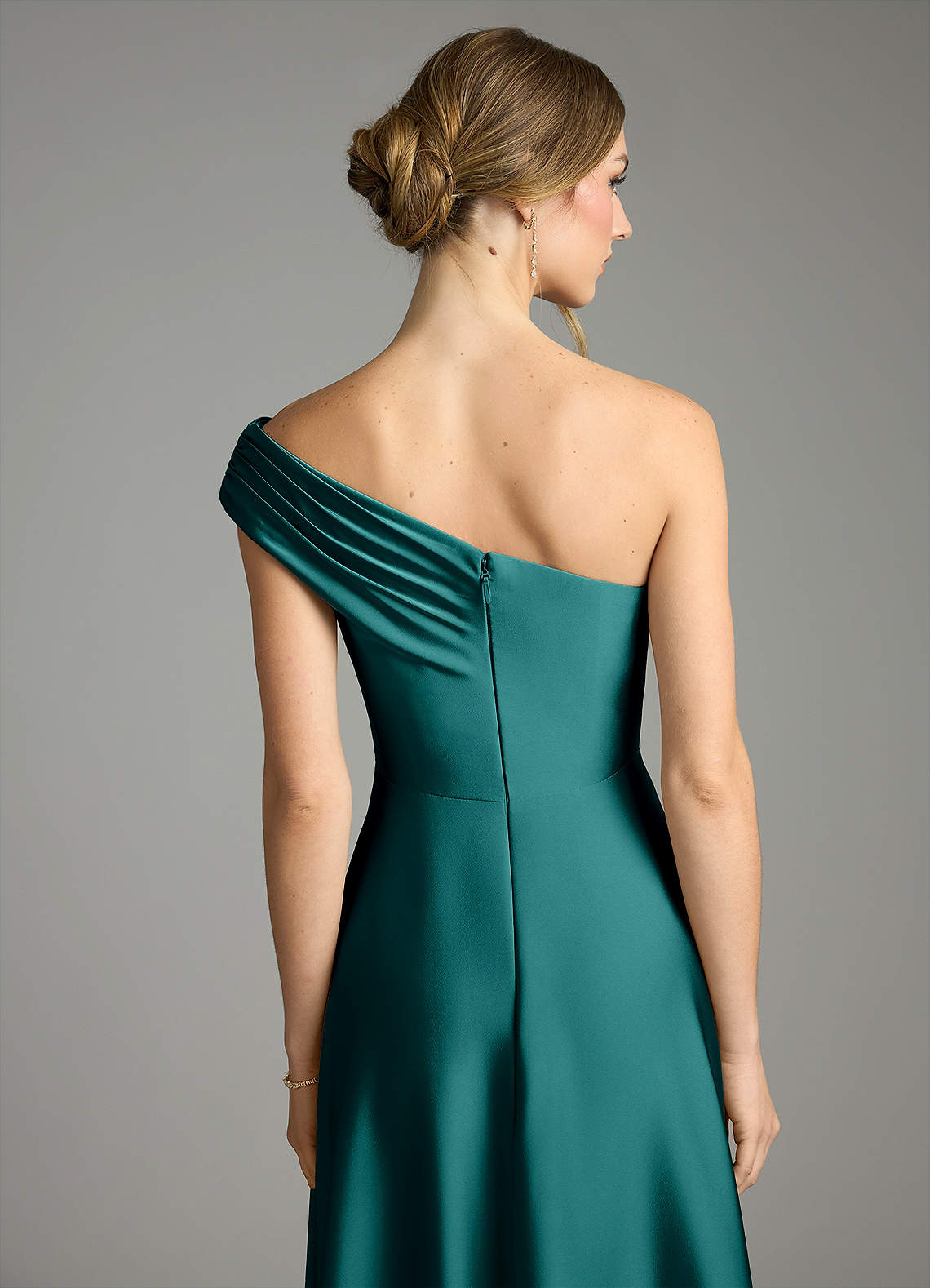 Melanie A-Line One-Shoulder Stretch Satin Bridesmaid Dress in Peacock