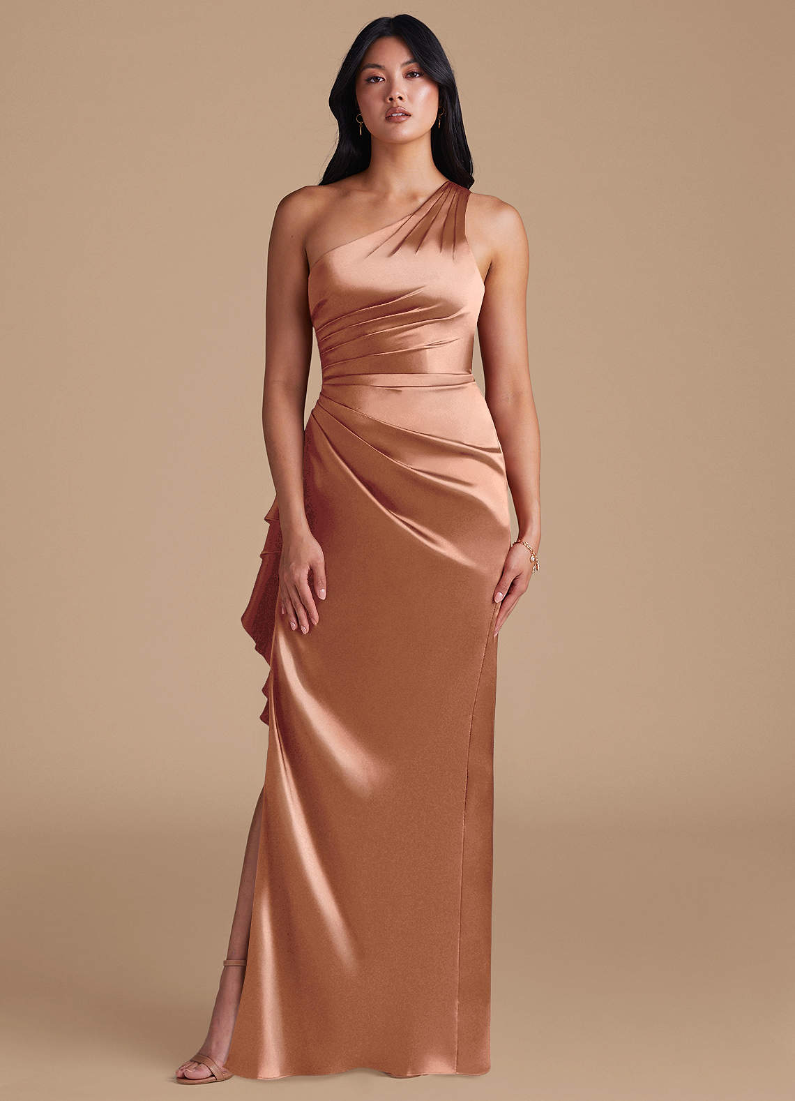 Latrice Sheath One-Shoulder Metallic Satin Bridesmaid Dress in Bronzer
