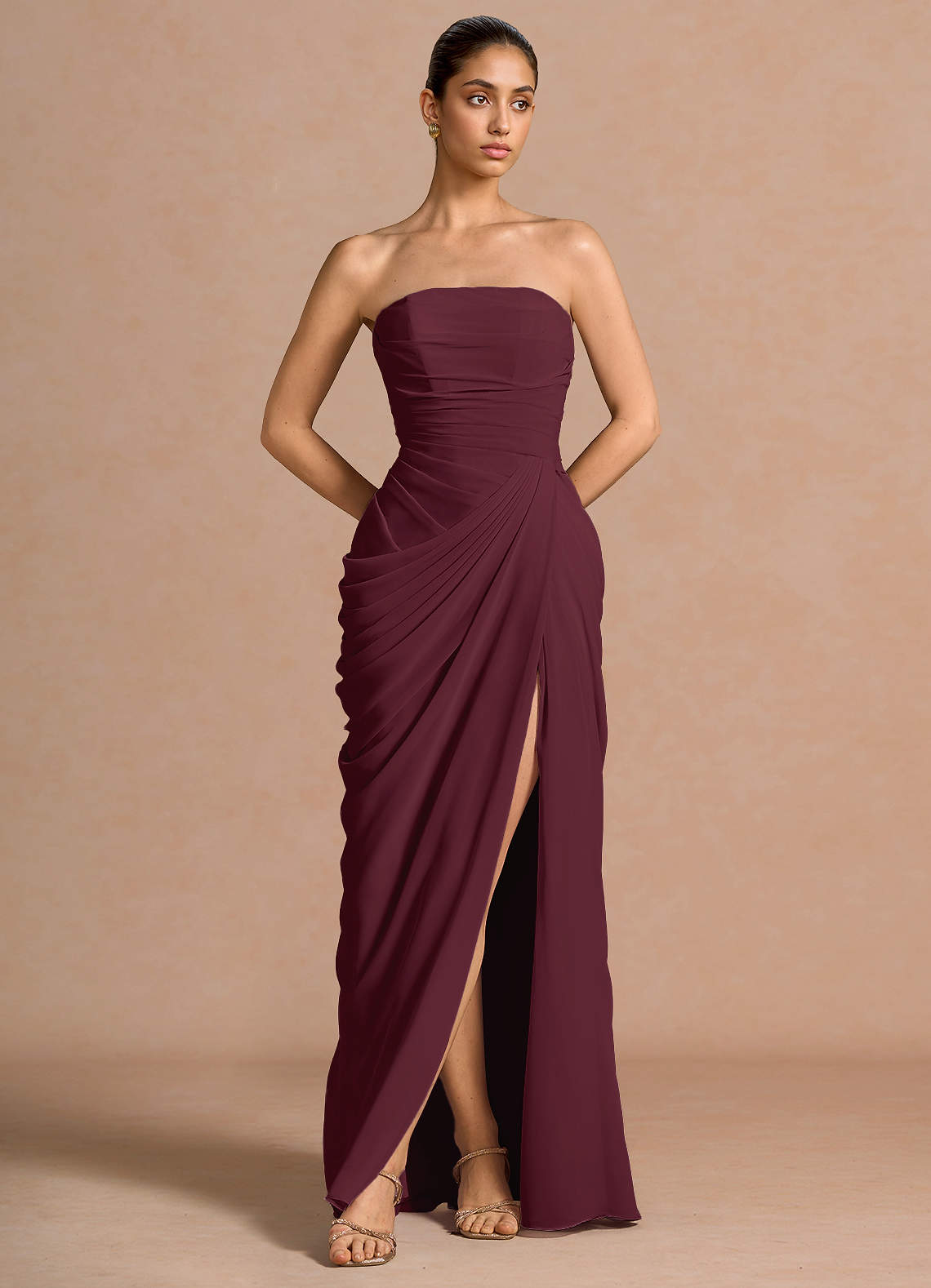 Kaavia Column Pleated Chiffon Maxi Evening Dress in Dusty Blue