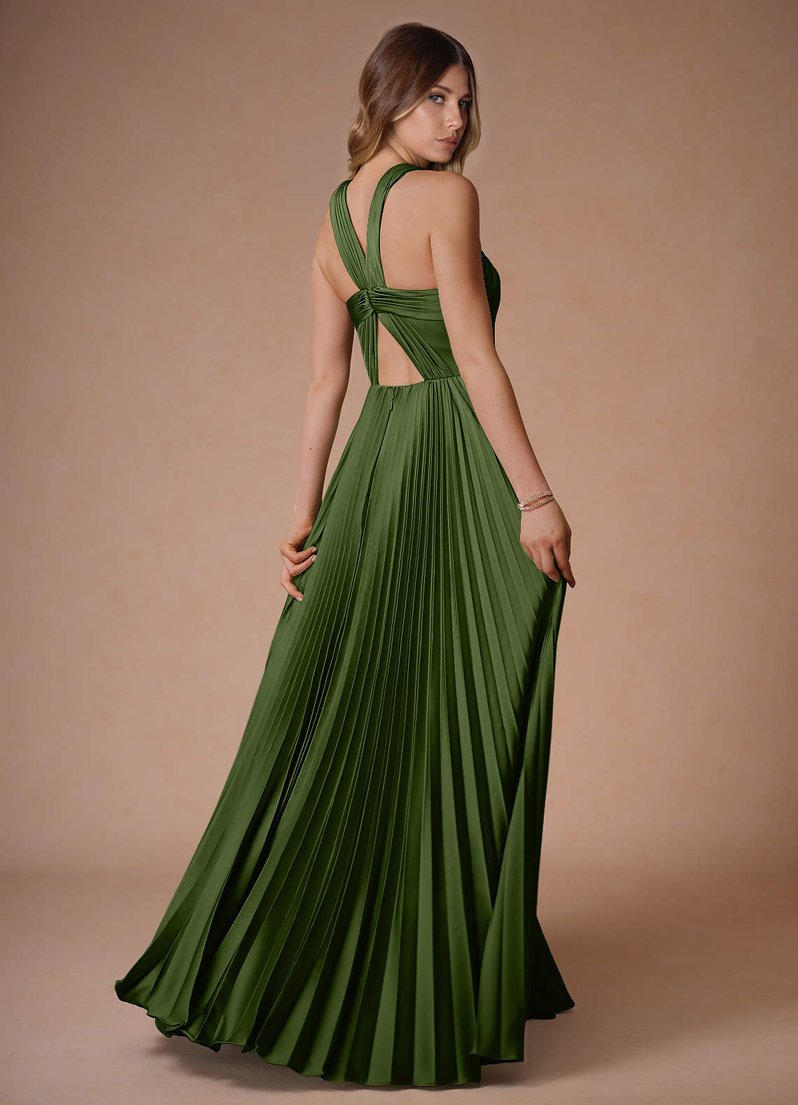 Afra A-Line Pleated Stretch Satin Wedding Guest Dress in Olive Green