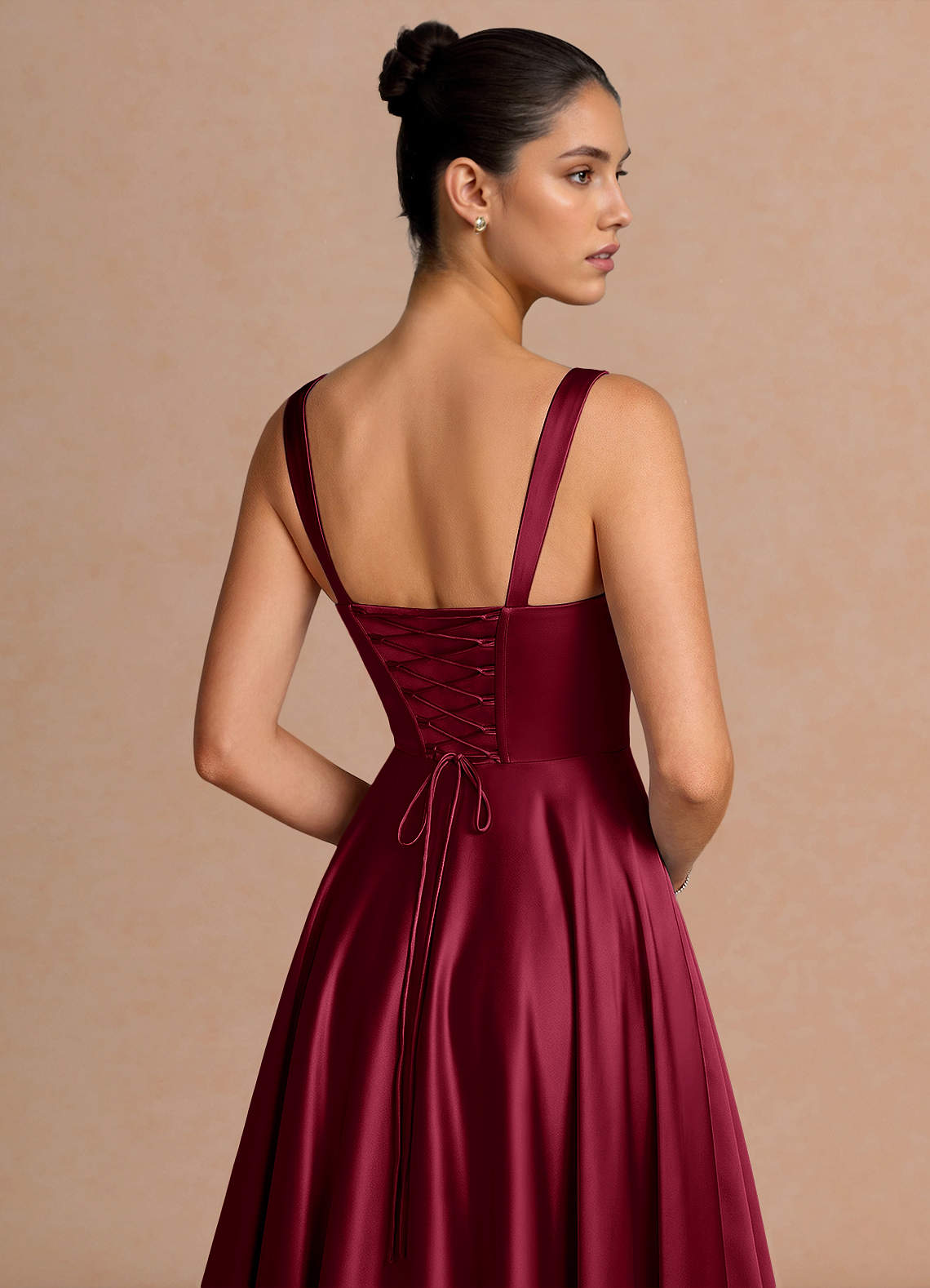 Azaria A-Line Square-Neck Stretch Satin Wedding Guest Dress in Merlot