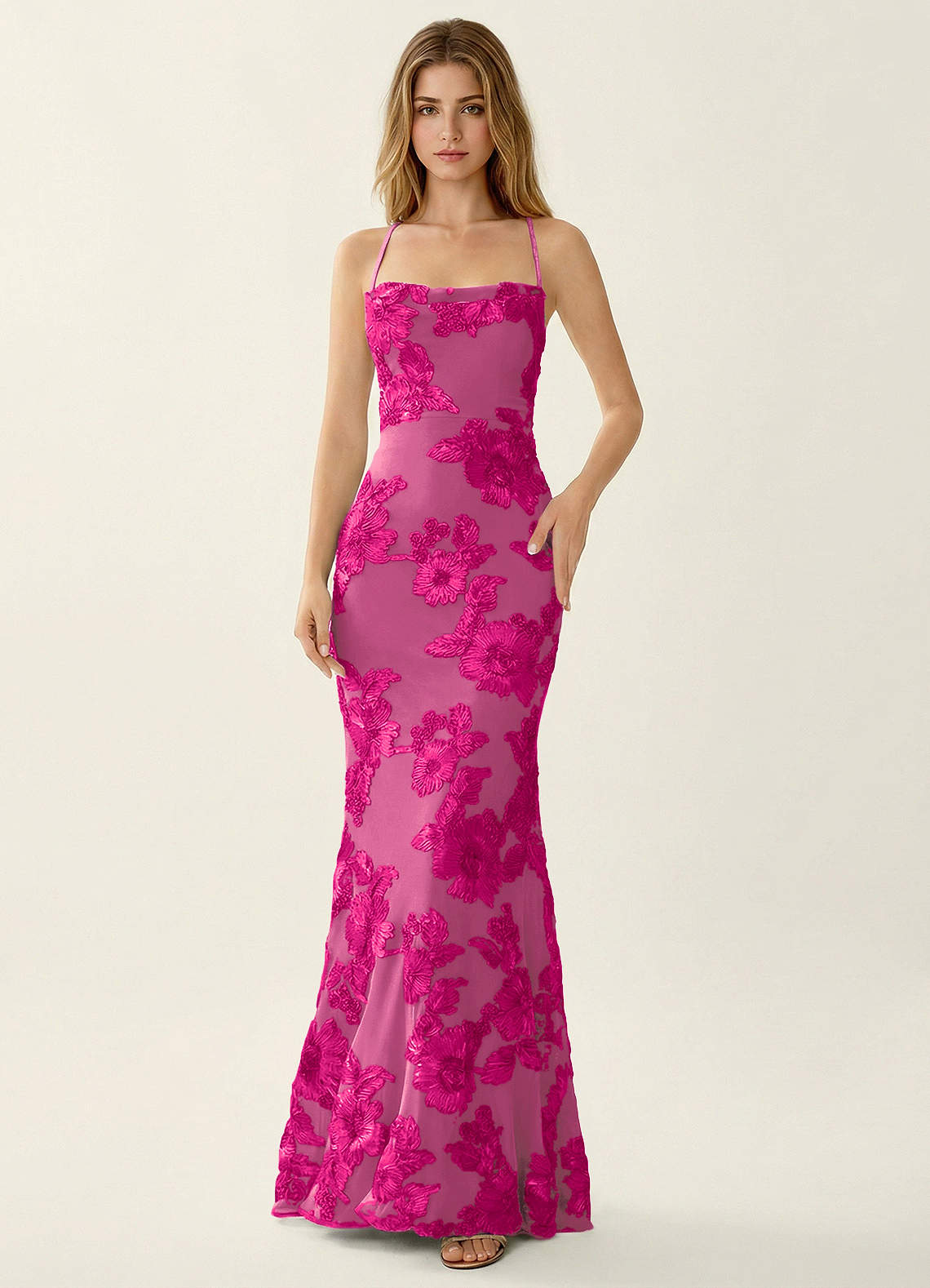 Kailani Mermaid Spaghetti-Strap Lace Evening Dress in Pale Purple