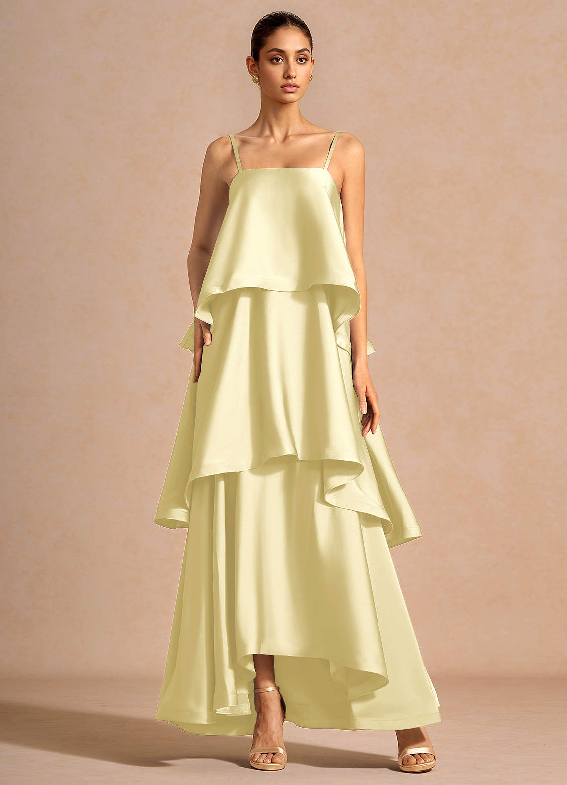 Itasca A-Line Tiered Stretch Satin Wedding Guest Dress in Butter Yellow