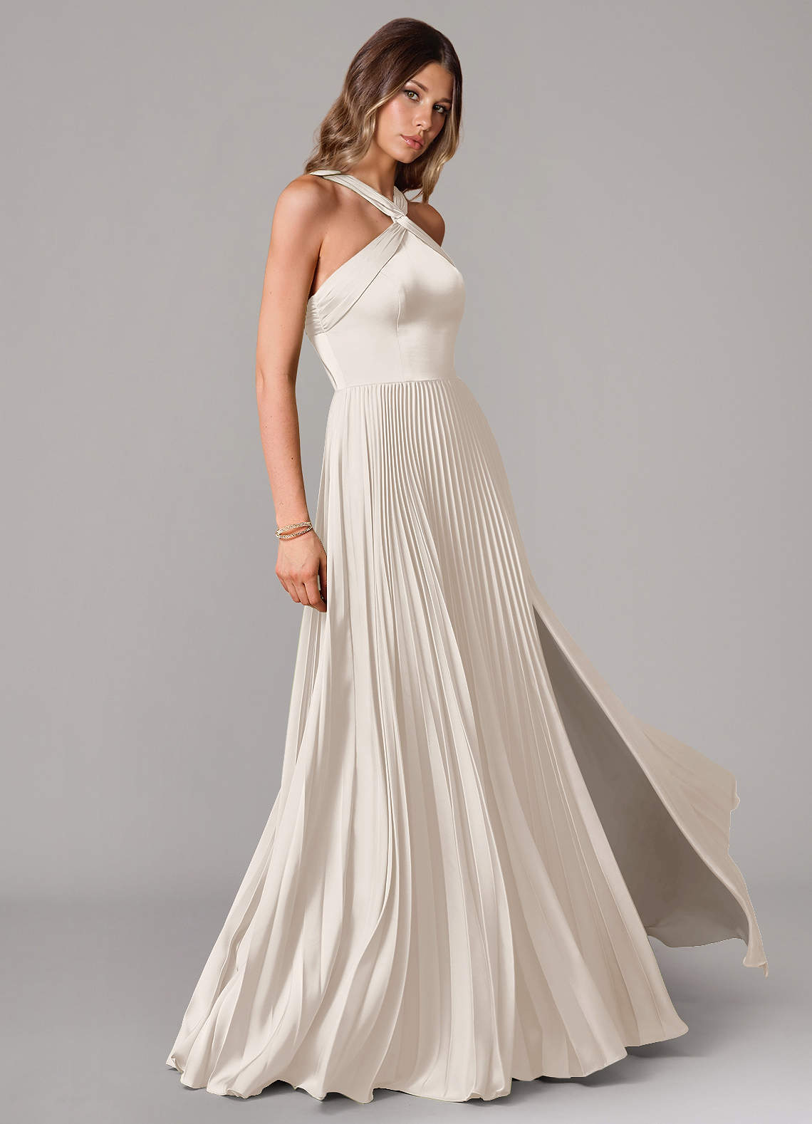 Afra A-Line Halter-Neck Stretch Satin Bridesmaid Dress in White Alabaster