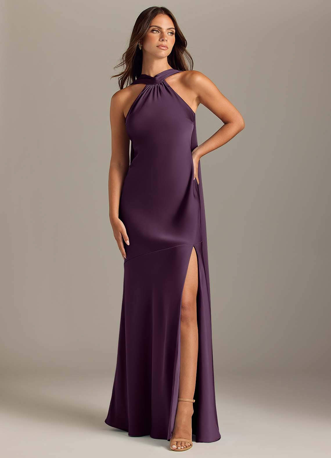 Kinsley Mermaid Halter Stretch Satin Bridesmaid Dress in Plum