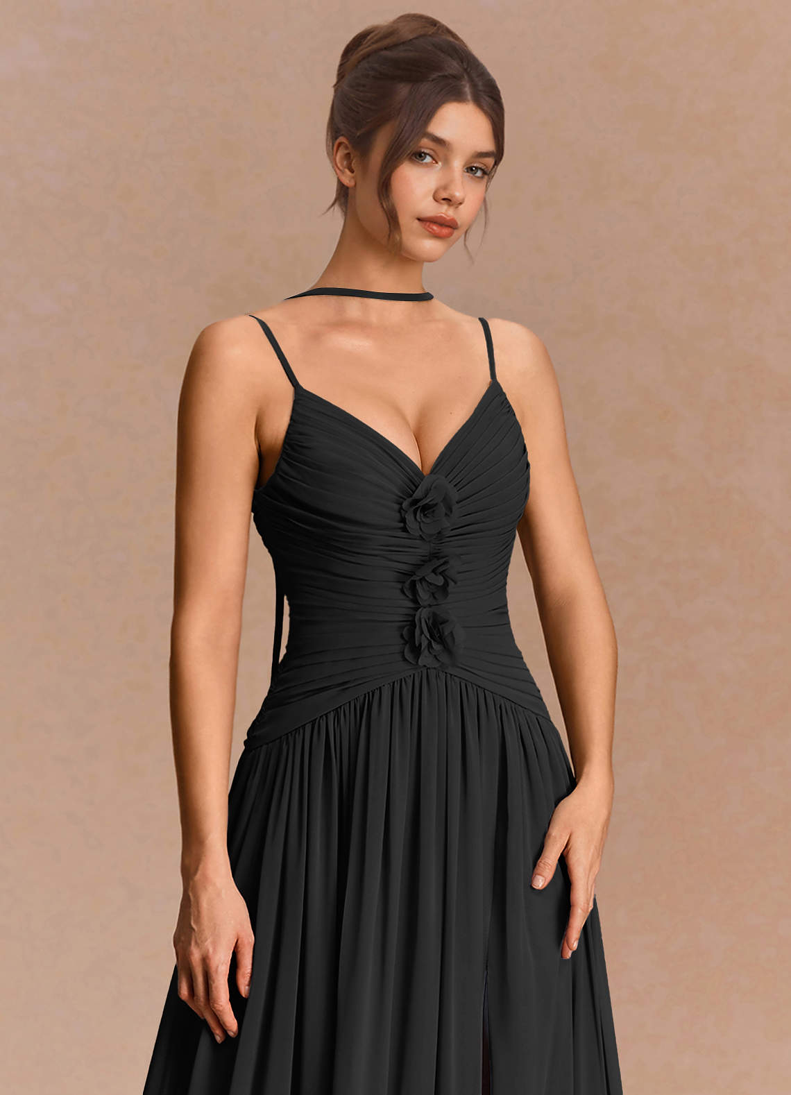 Eulalie A-Line Floral-Appliqué Chiffon Evening Dress in black