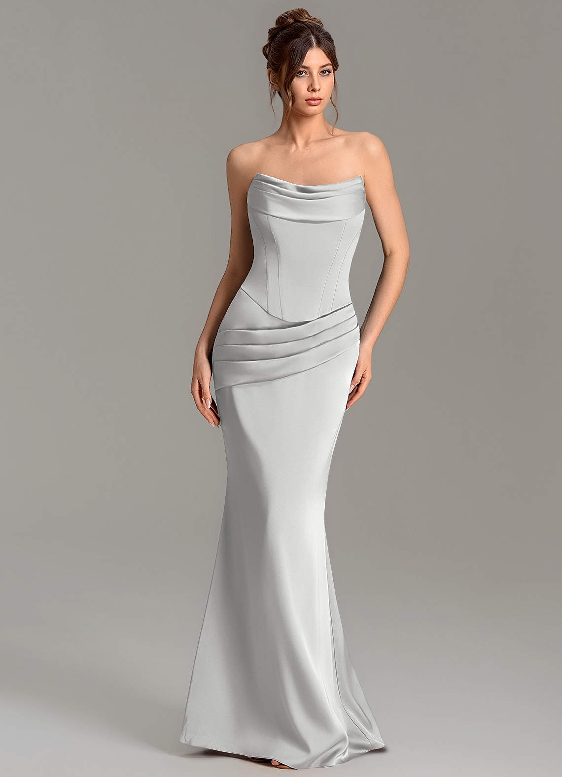 Adrienne Mermaid Cowl-Neck Stretch Satin Bridesmaid Dress in Silver