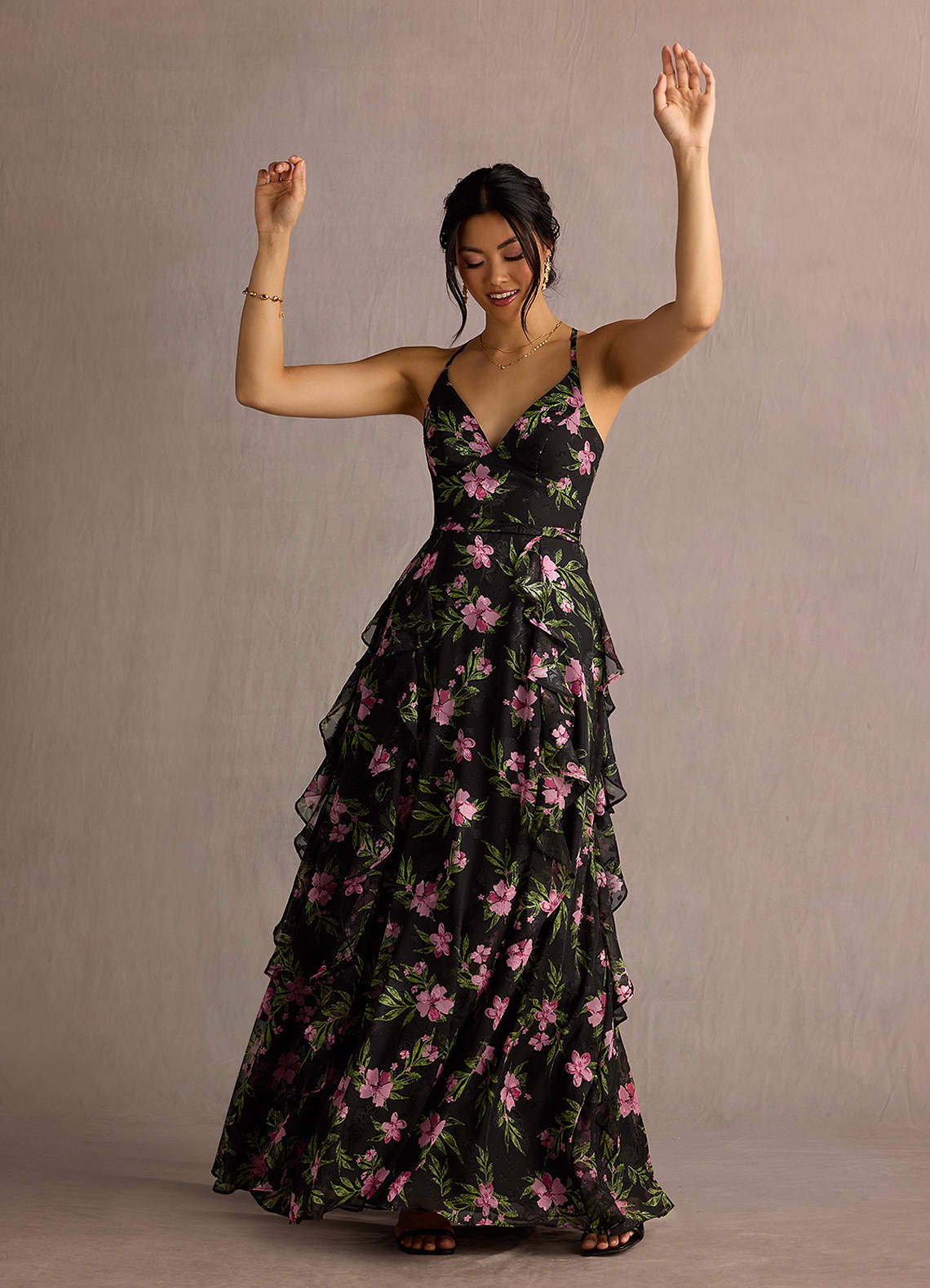Megan A-Line V-Neck Printed Fil Coupé Wedding Guest Dress in Black Multi Floral