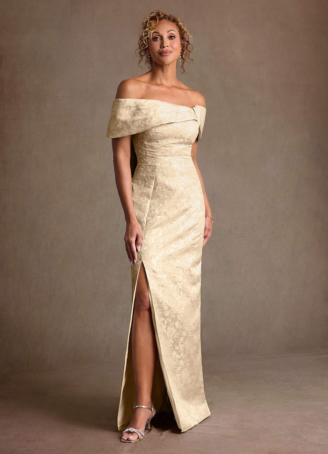 Zion Sheath Off-the-Shoulder Jacquard Mother of the Bride Dress in champagne