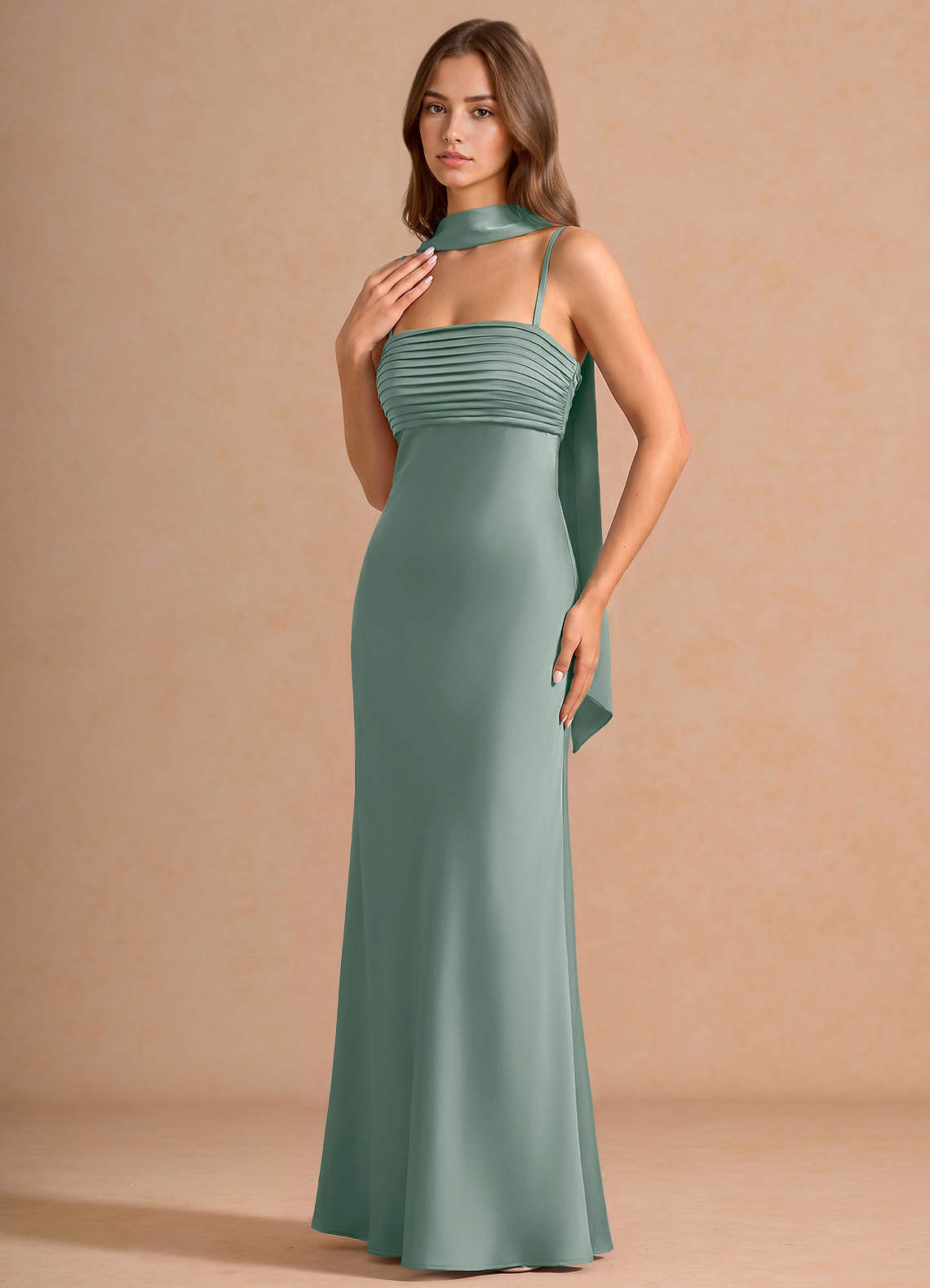 Seraphina A-Line Scarf Stretch Satin Evening Dress in Vintage Sage
