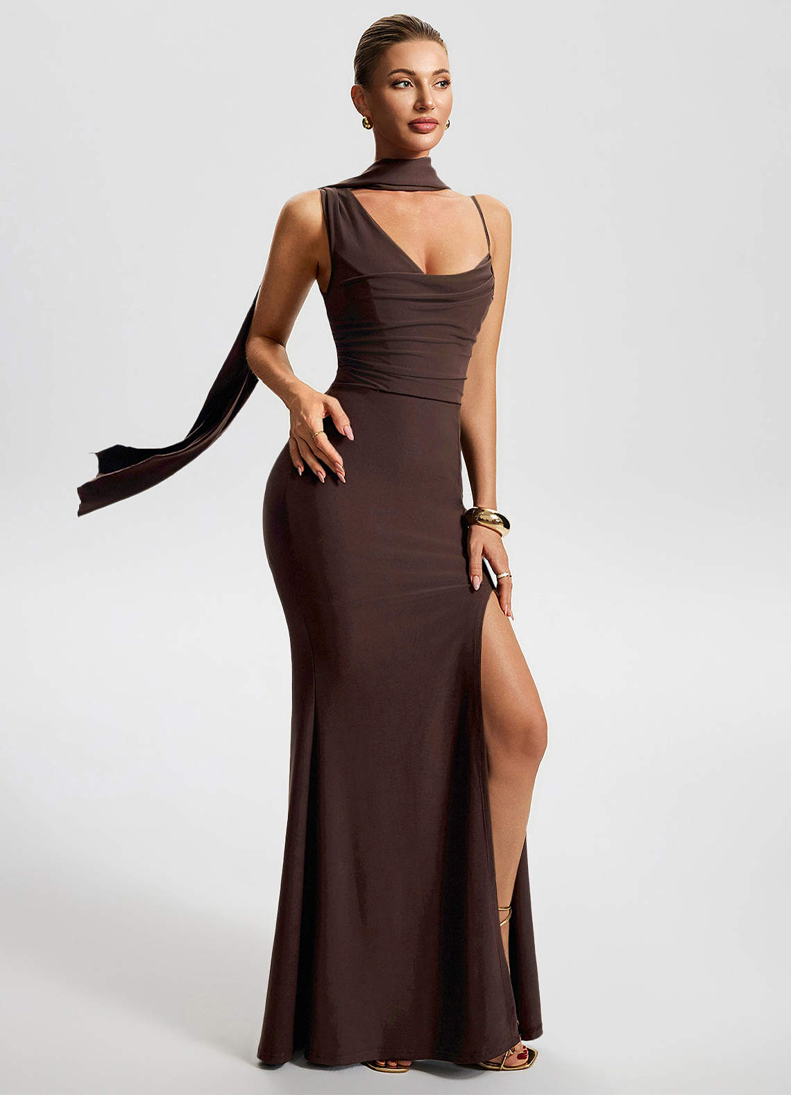 Freya Mermaid Cowl-Neck Stretch Jersey Evening Dress in Ganache