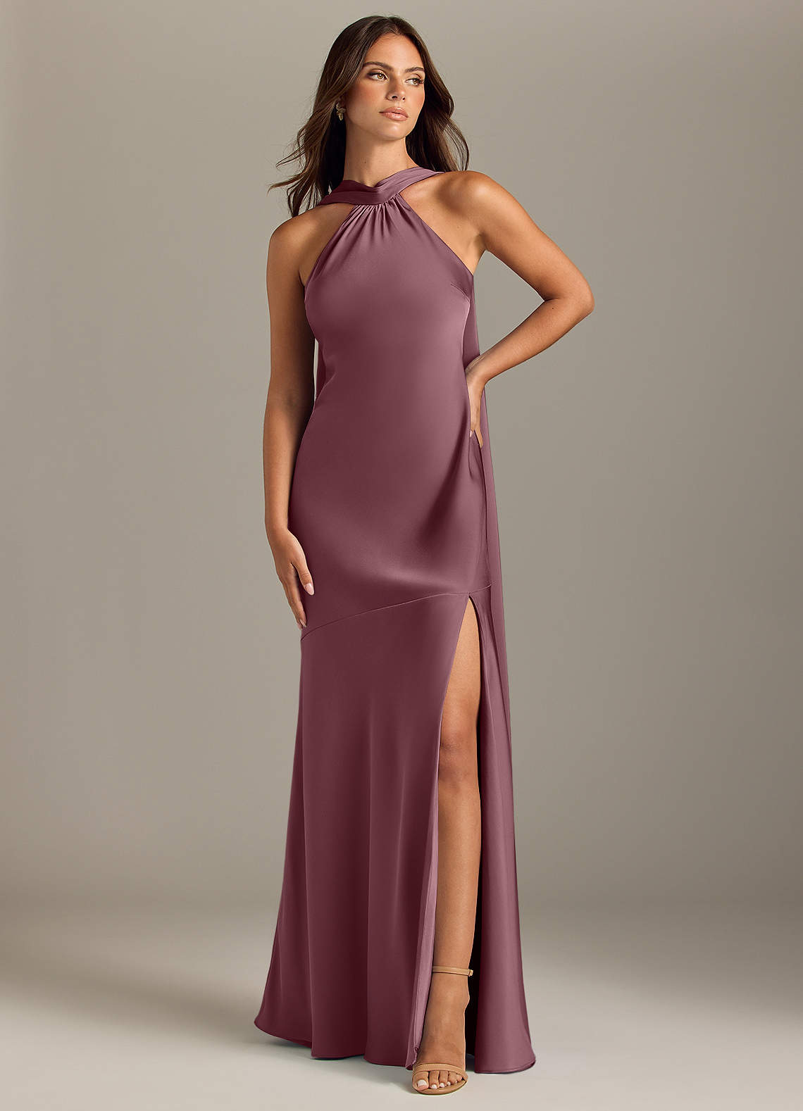 Kinsley Mermaid Halter Stretch Satin Bridesmaid Dress in Amethyst