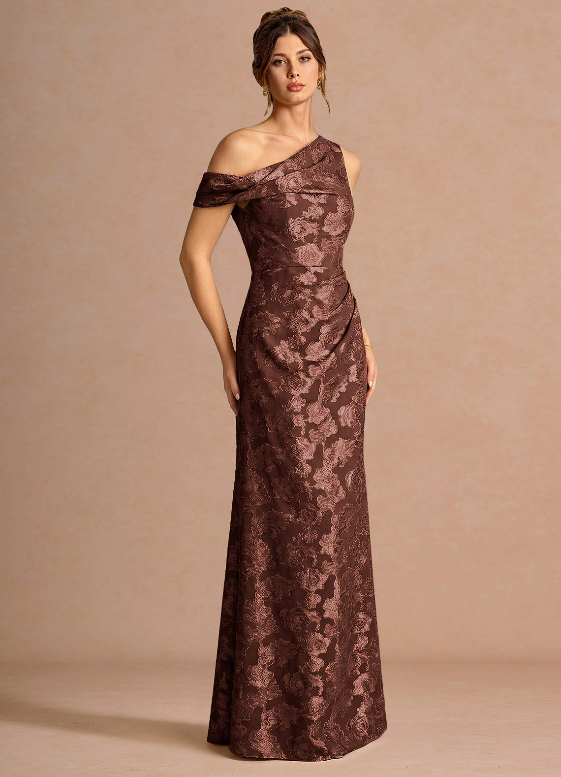 Kismet Mermaid One-Shoulder Fil Coupé Wedding Guest Dress in Mocha Coco