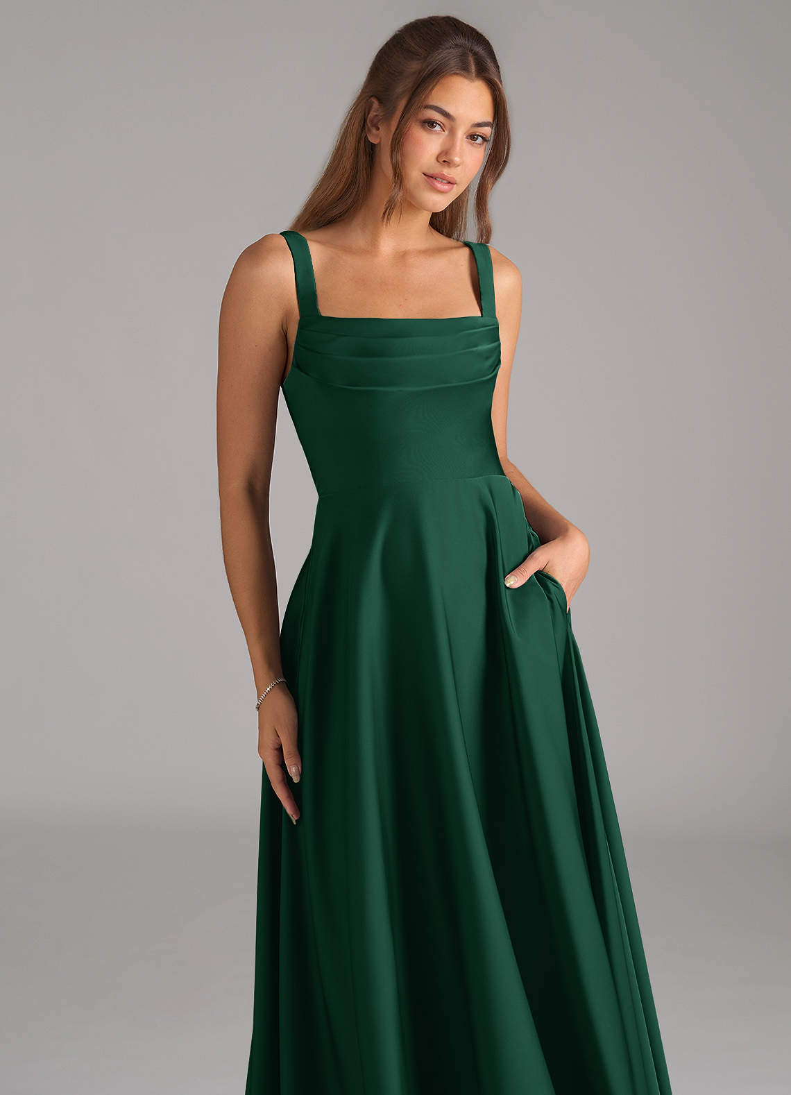 Shaude A-Line Square-Neck Stretch Satin Bridesmaid Dress in Dark Green